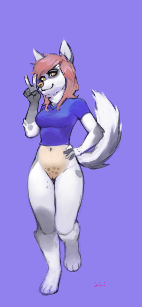 anthro bottomless canine clothed clothing female julicat looking_at_viewer mammal pussy smile solo standing wide_hips