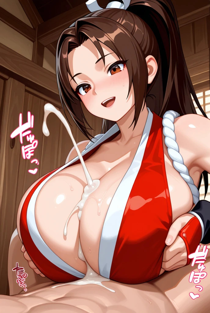 ai generated, big breasts, boobjob, bratkudm, breasts, brown hair, clothed, clothed female nude male, clothing, cum, cum on breasts, cumshot, fatal fury, female, happy, king of fighters, mai shiranui, male, paizuri, titjob