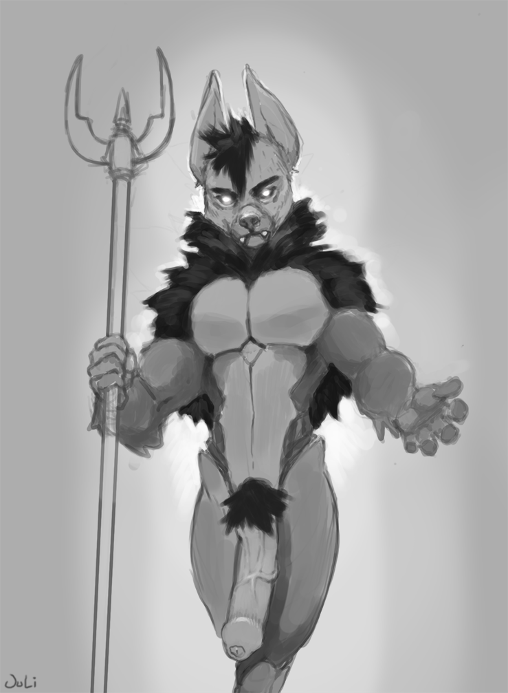 anthro big_penis canine humanoid_penis julicat looking_at_viewer male male_only mammal melee_weapon no_pupils penis polearm pubes solo standing trident uncut vein weapon