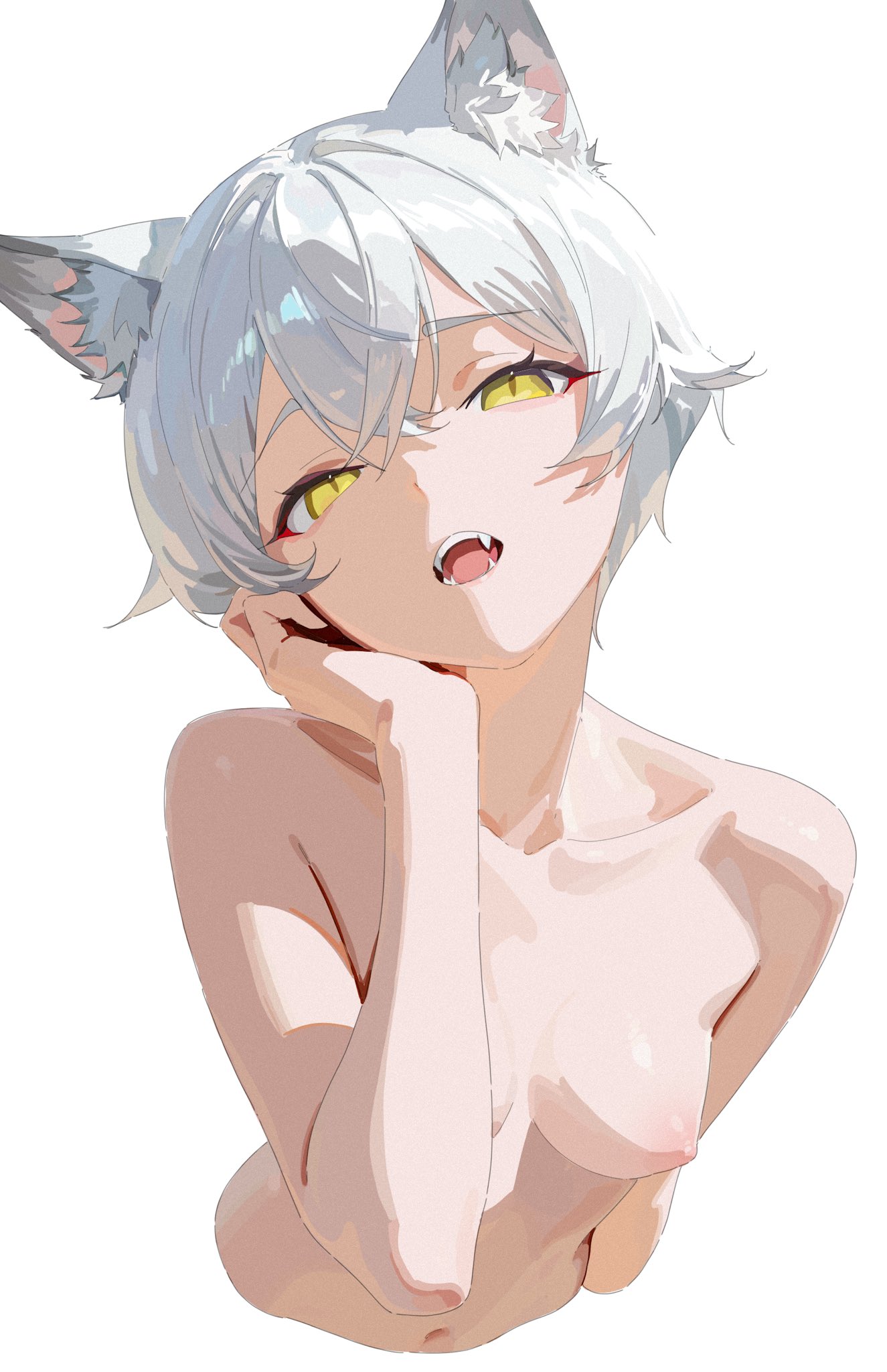 breasts, cat ears, cat girl, catgirl, eye contact, female, fully nude, half body, hand on head, hectorrambito, looking at viewer, naked, original character, pov, seductive, seductive look, seductive pose, seductive smile, shaded, sharp teeth, short hair, small breasts, suggestive, suggestive look, suggestive pose, white background, white hair, yellow eyes