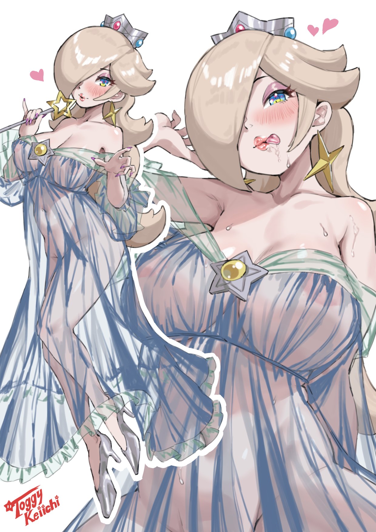 1female 1girls 2025 2d 2d_(artwork) 2d_artwork big_breasts blonde_hair blue_eyes breasts crown ear_piercing earrings erect_nipples female female_focus female_only glistening glistening_body glistening_skin heels huge_breasts licking licking_lips lips long_hair long_nails looking_at_viewer looking_pleasured make_up makeup mario_(series) nintendo one_eye_covered one_eye_obstructed pale-skinned_female pale_skin princess_rosalina purple_nail_polish purple_nails rosalina saliva saliva_drip see-through see-through_clothing shiny_ass shiny_breasts shiny_butt shiny_hair shiny_skin smile smiling smiling_at_viewer solo solo_female super_mario_galaxy wand white white_skinned_female yamino_ekakinin yellow_hair