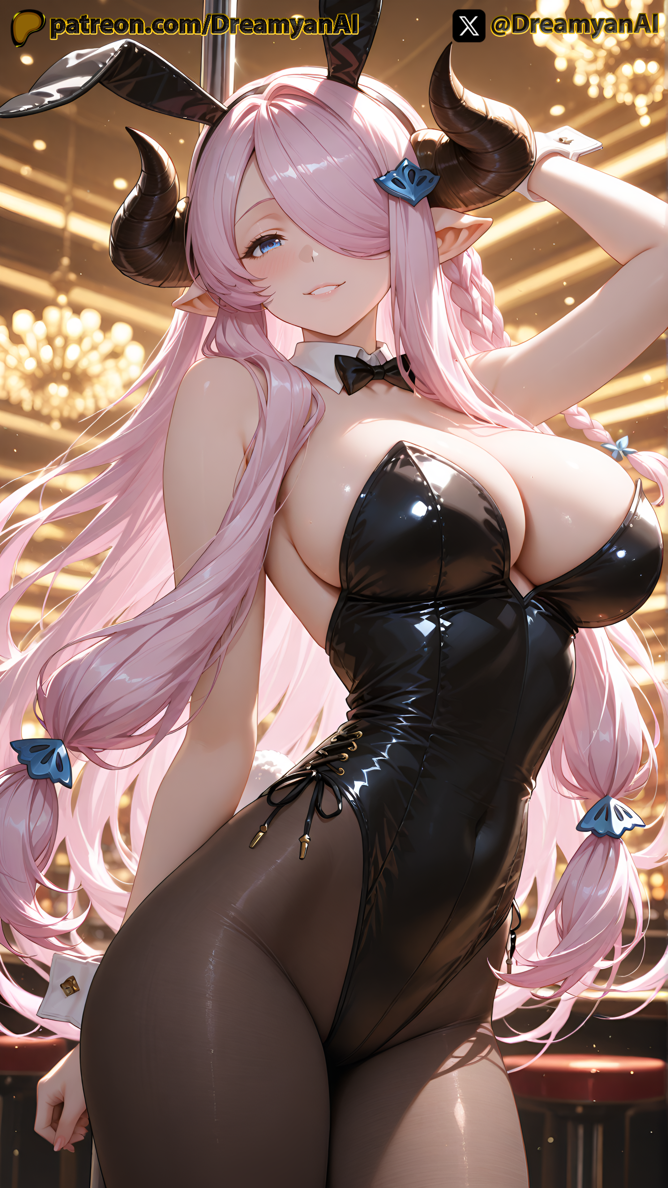 2025, ai, ai assisted, ai generated, anime, anime style, artist name, ass, blue eyes, breasts, bunny costume, bunny ears, bunny girl, bunnysuit, draph, draph race (granblue fantasy), dreamyan ai, exotic dancer, female, granblue fantasy, hi res, high quality, high resolution, highres, horn, horns, huge breasts, narmaya (granblue fantasy), nightclub, nipples, pantyhose, patreon, pink hair, pointy ears, pole, pole dancer, pole dancing, seductive, seductive eyes, seductive look, seductive pose, seductive smile, strip club, stripper, stripper pole, stripping, striptease, thick ass, thick thighs, thighs, tight clothing, uncensored, white body, white skin