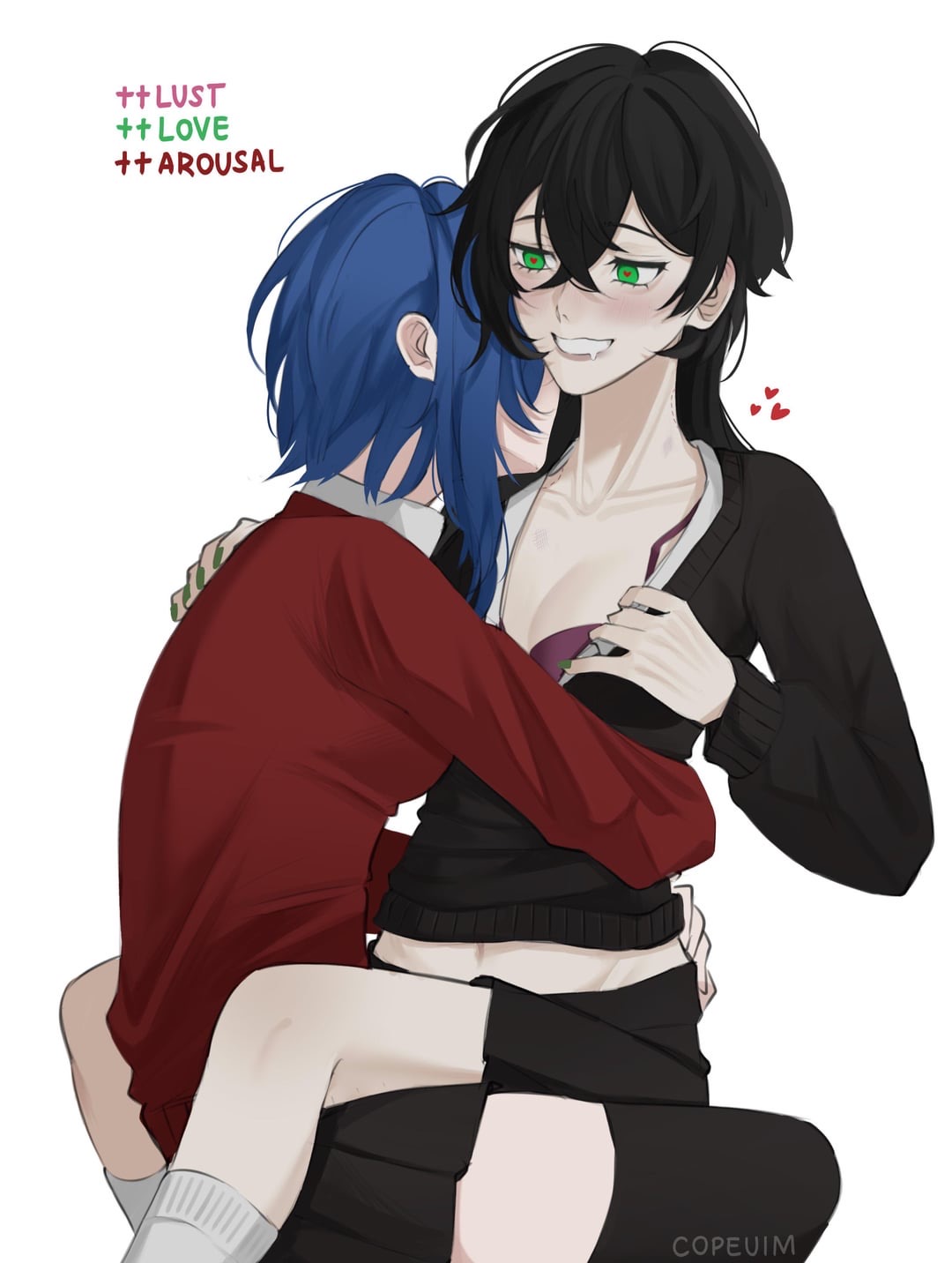 2girls, black hair, blue hair, degrees of lewdity, faceless female, fem kylar (dol), female, green eyes, heart-shaped pupils, hearts, kylar (dol), lesbian, tagme, yuri