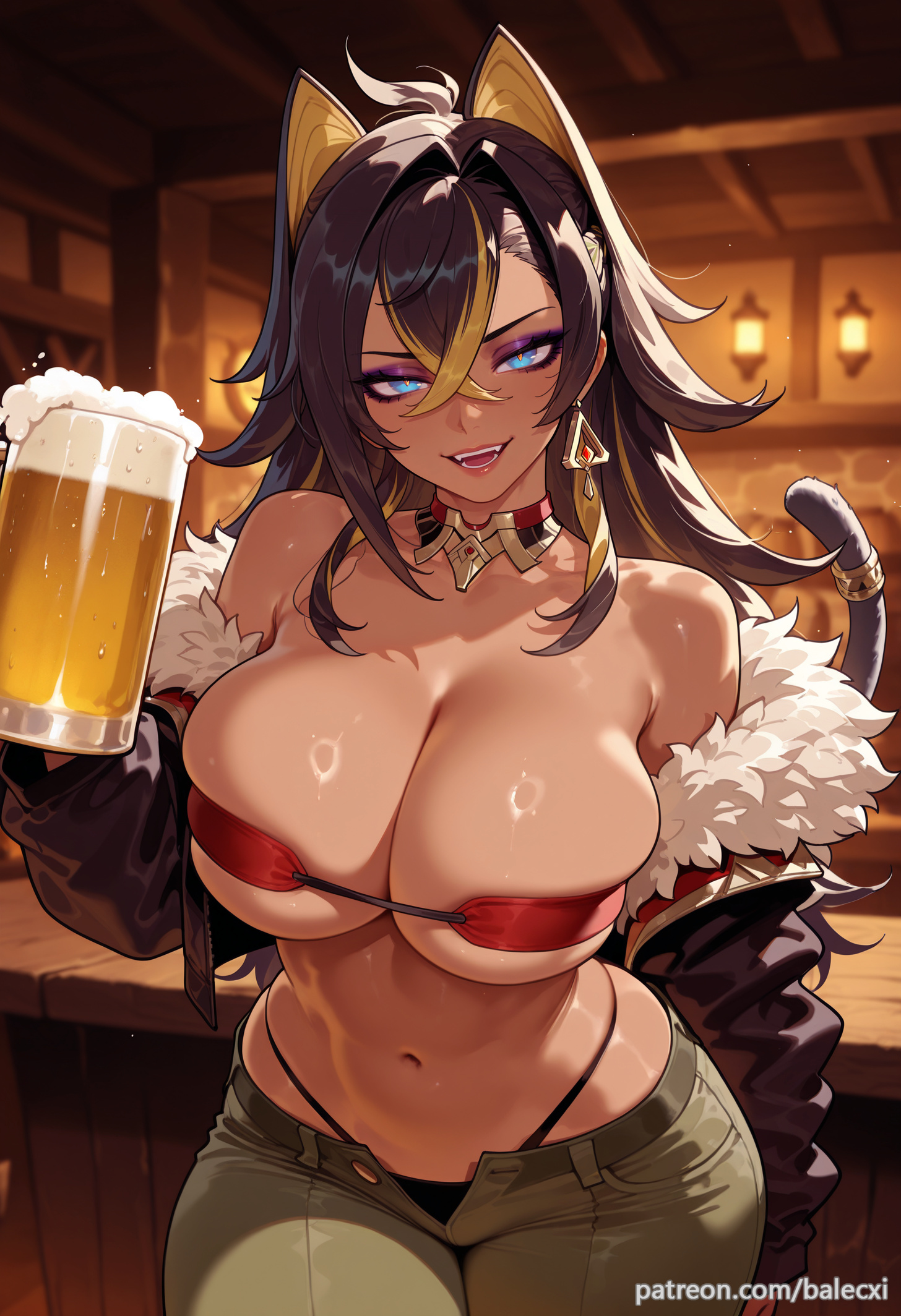 ai generated, alcohol, animal ears, balecxi, bare shoulders, beer, beer mug, black hair, blonde hair, blue eyes, blurry background, breasts, cleavage, crossed bangs, cup, dangle earrings, dark skin, dark-skinned female, dehya (genshin impact), female, fur trim, fur-trimmed jacket, genshin impact, hair between eyes, highleg, holding, holding cup, indoors, jewelry, large breasts, long hair, looking at viewer, navel, off shoulder, open fly, open mouth, open pants, panties, patreon username, skindentation, smile, solo, stomach, streaked hair, sumeru girls, tail, underwear