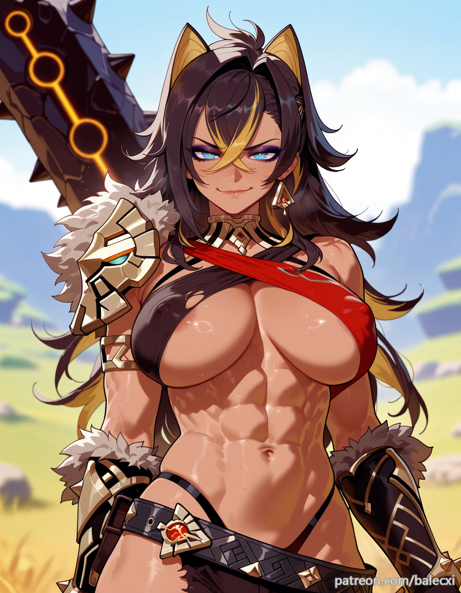 abs, ai generated, areola slip, arm armor, balecxi, black hair, blonde hair, blue eyes, blurry, blurry background, breasts, covered nipples, criss-cross halter, crossed bangs, dangle earrings, dark skin, dehya (genshin impact), female, genshin impact, hair between eyes, jewelry, large breasts, long hair, looking at viewer, muscular, muscular female, navel, outdoors, patreon username, smile, solo, stomach, streaked hair, sumeru girls, toned, torn clothes, torn pants, weapon