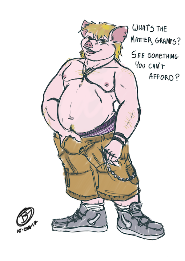 beachfox boxers bulge dialogue english_text front_view full-length_portrait hairy khakis low-riding male mammal moobs naughty_face navel nipples obese overweight overweight_male pig porcine portrait pubic_hair signature sketch sneakers solo standing talking_to_viewer text topless underwear