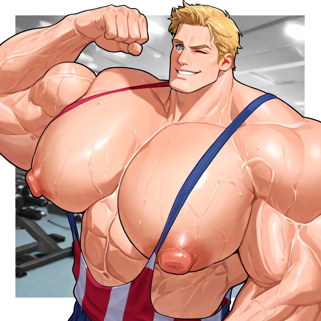 1boy, abs, ai, ai generated, bara, big chest, big pecs, blue eyes, captain america, erect nipples, flexible, flexing, huge chest, huge pecs, male, male only, marvel, marvel comics, muscular, muscular chest, muscular male, nipples, solo, solo male, steve is a whore for tony, steve rogers, tank top, veiny arms, veiny biceps, yaoi