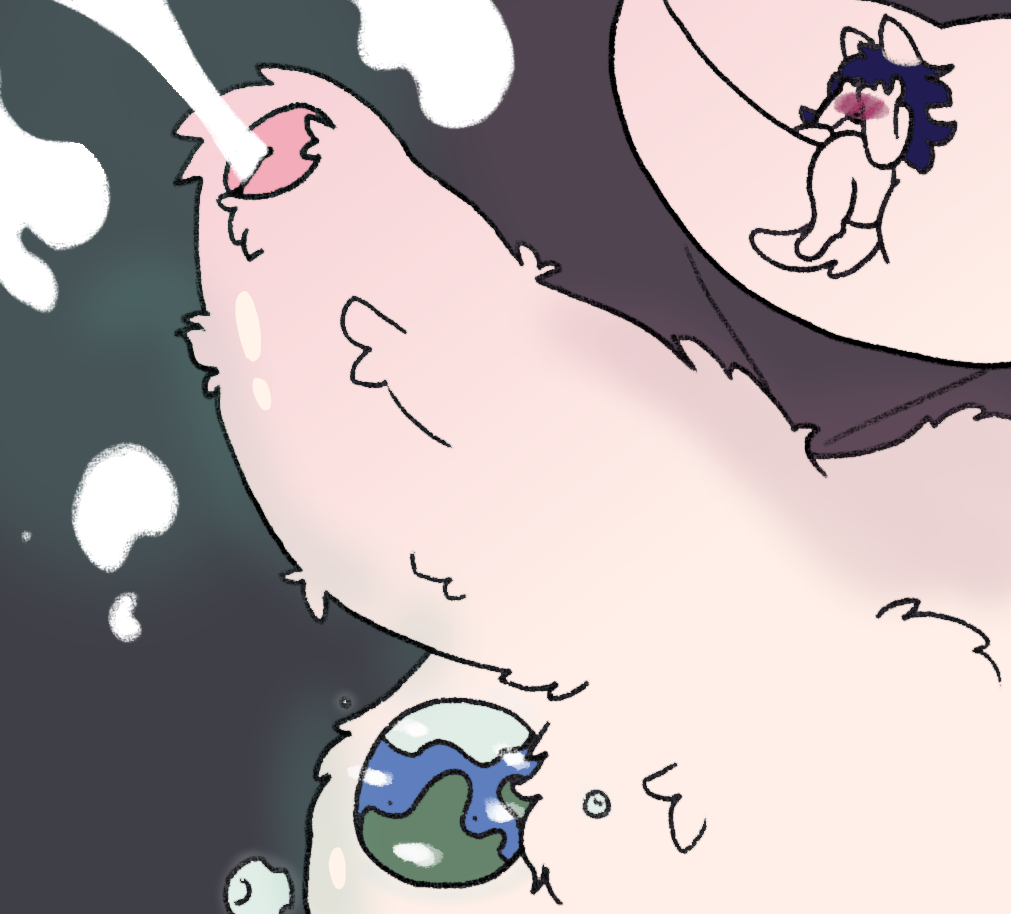 anthro ash_(nyactophiliac) astronomical_hyper big_penis blush bodily_fluids canid canine canis cum domestic_dog excessive_cum excessive_genital_fluids fluffy fluffy_penis furry genital_fluids genitals huge_cock hyper hyper_genitalia hyper_penis male mammal moon nyactophiliac penis planet solo zoom_in