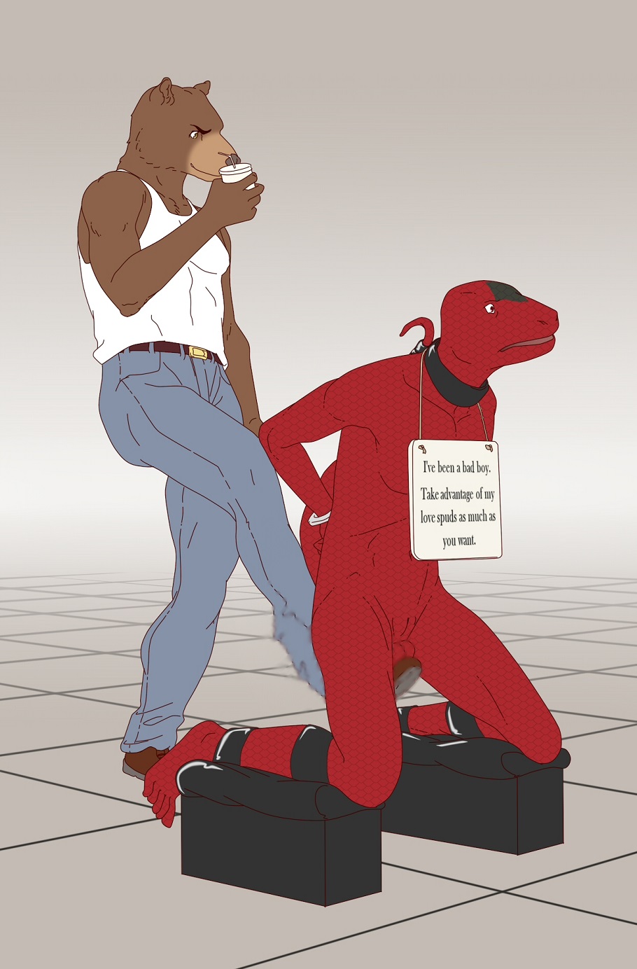 9x9 animal_genitalia anthro ballbusting balls bear bondage bound cloaca cock_and_ball_torture cuffs furry jeans kneeling lizard male male_only mammal muscular nude open_mouth pain pants reptile scalie shirt sign smile sneakers standing tank_top