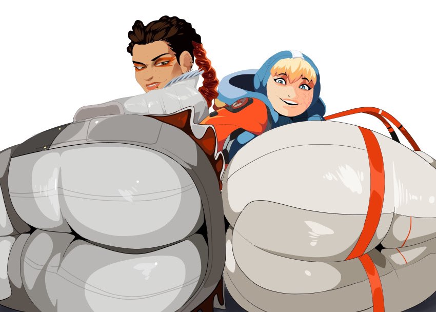 2d, 2d (artwork), 2girls, apex legends, ass, ass focus, big ass, blonde hair, different ass sizes, different hair color, female, huge ass, latina, loba (apex legends), skin tight, suit, tagme, thick thighs, tight clothing, twin braids, wattson (apex legends), white background