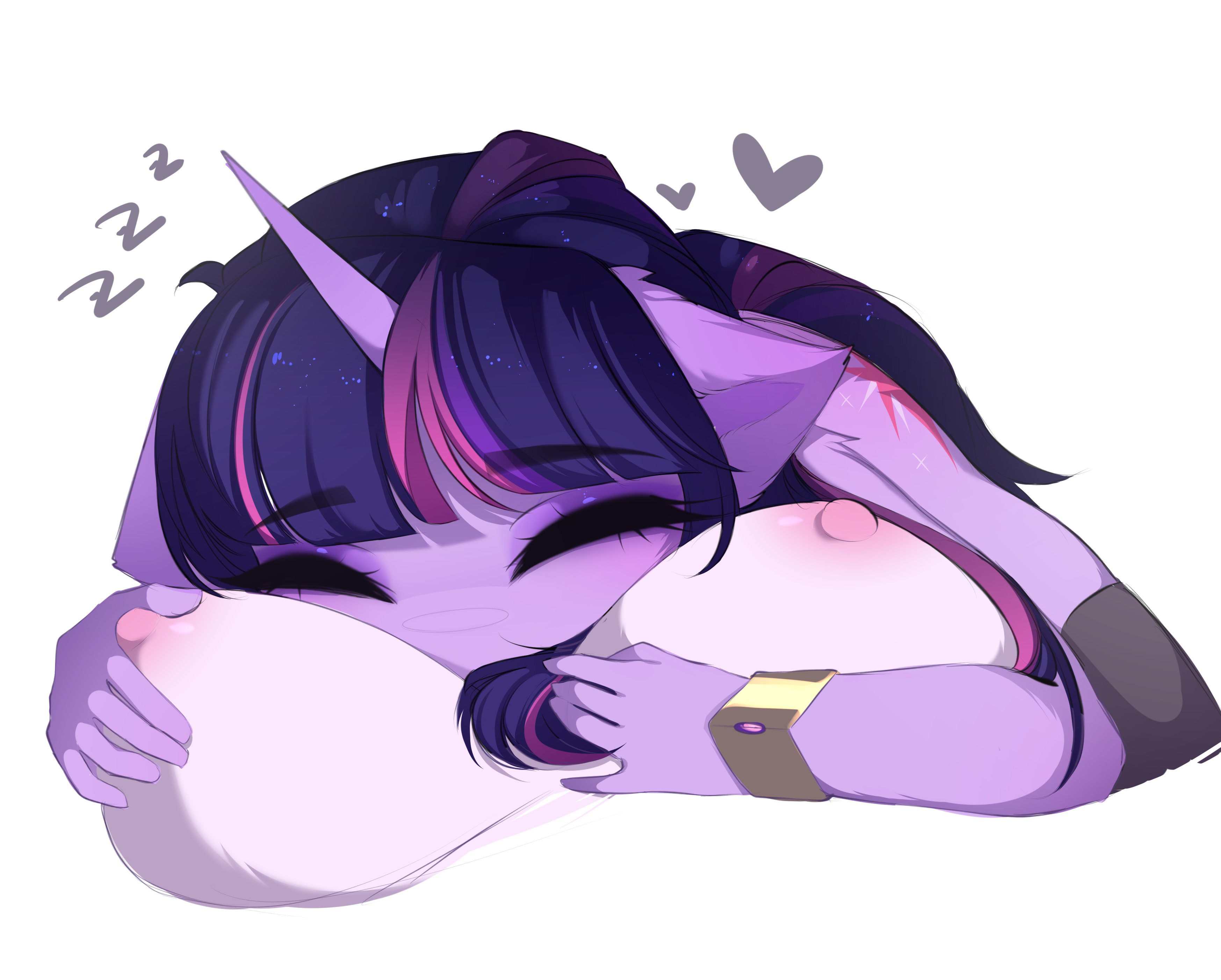 absurd res, anthro, bracelet, breast grab, breast pillow, breasts, closed eyes, duo, equid, equine, female, female pov, female/female, first person view, friendship is magic, hand on breast, hasbro, head between breasts, head on chest, heart, hi res, horn, jewelry, lying, magnaluna, mammal, my little pony, mythological creature, mythological equine, mythology, nipples, nude, pov, princess celestia (mlp), simple background, sleeping, sleeping on breasts, twilight sparkle (mlp), unicorn, white background, yuri