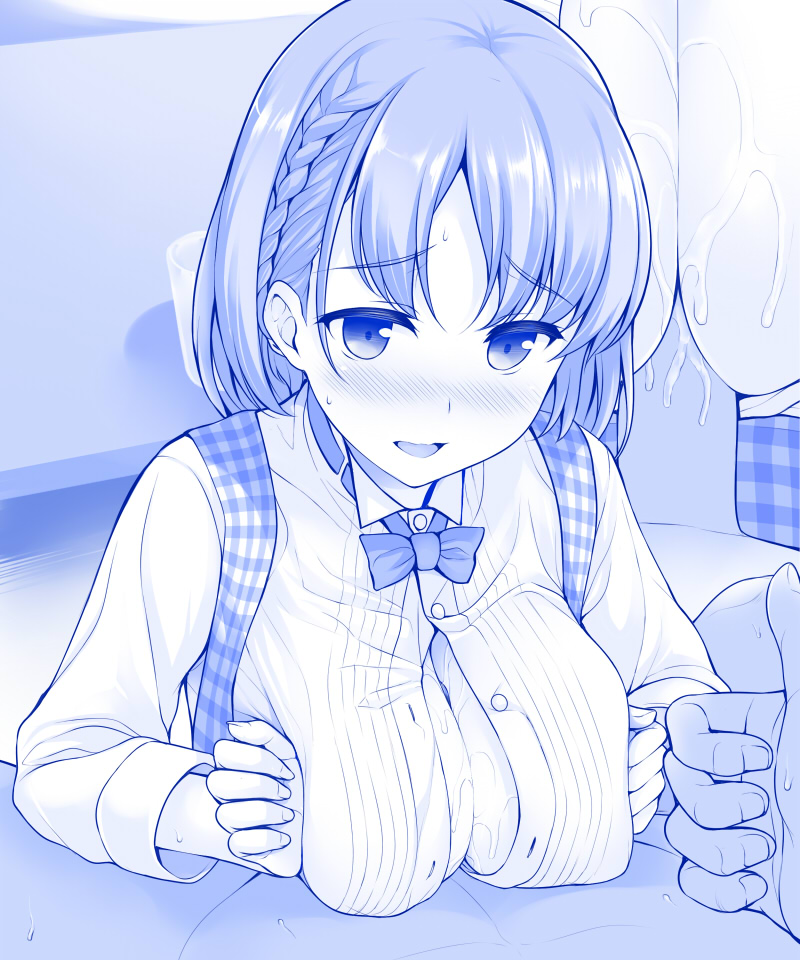 1boy ai-chan_(tawawa) blue blush bow bowtie braid breasts cleavage female getsuyoubi_no_tawawa indoors koubeya_uniform large_breasts monochrome nose_blush open_mouth out_of_frame paizuri penis short_hair side_braid straight sweat thumbs_up tied_hair unbuttoned uni8