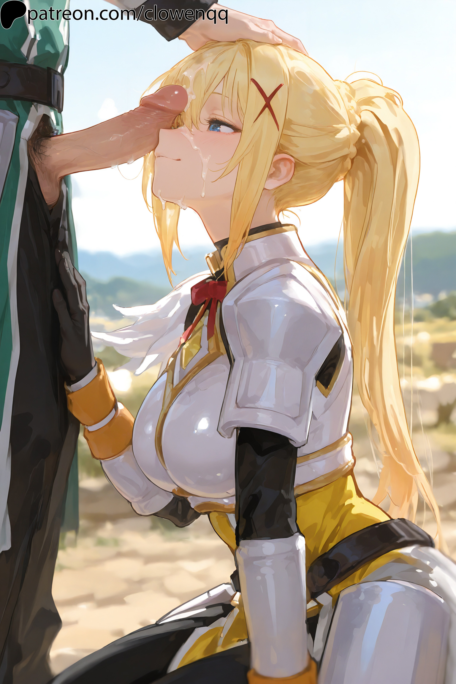 1boy, 1girls, ai assisted, ai generated, armor, armored female, blonde hair, blue eyes, clowenqq, cum, cum on face, darkness (konosuba), female, female focus, from side, kneeling, kono subarashii sekai ni shukufuku wo!, long hair, male, male/female, outdoors, penis, penis on face, ponytail, sidelocks, uncensored, x hair ornament