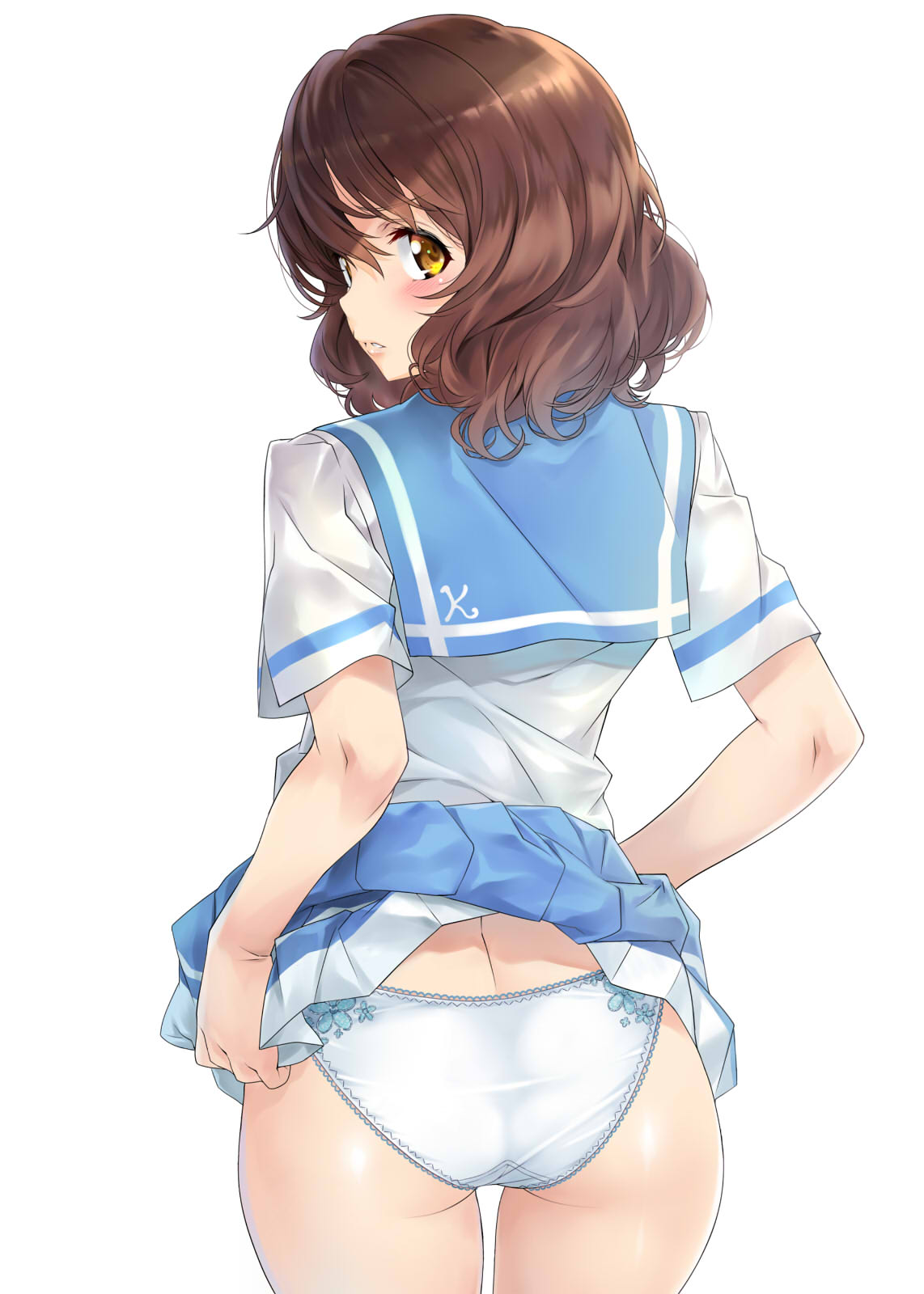 1girls, ass, blush, brown hair, clothes lift, commentary, cowboy shot, crotch seam, female, floral print, from behind, hair between eyes, hibike! euphonium, highres, kitauji high school uniform, looking at viewer, looking back, nagayori, oumae kumiko, panties, parted lips, print panties, print sailor collar, sailor collar, sailor shirt, school uniform, shirt, short hair, simple background, skirt, skirt lift, solo, underwear, white background, white panties, yellow eyes