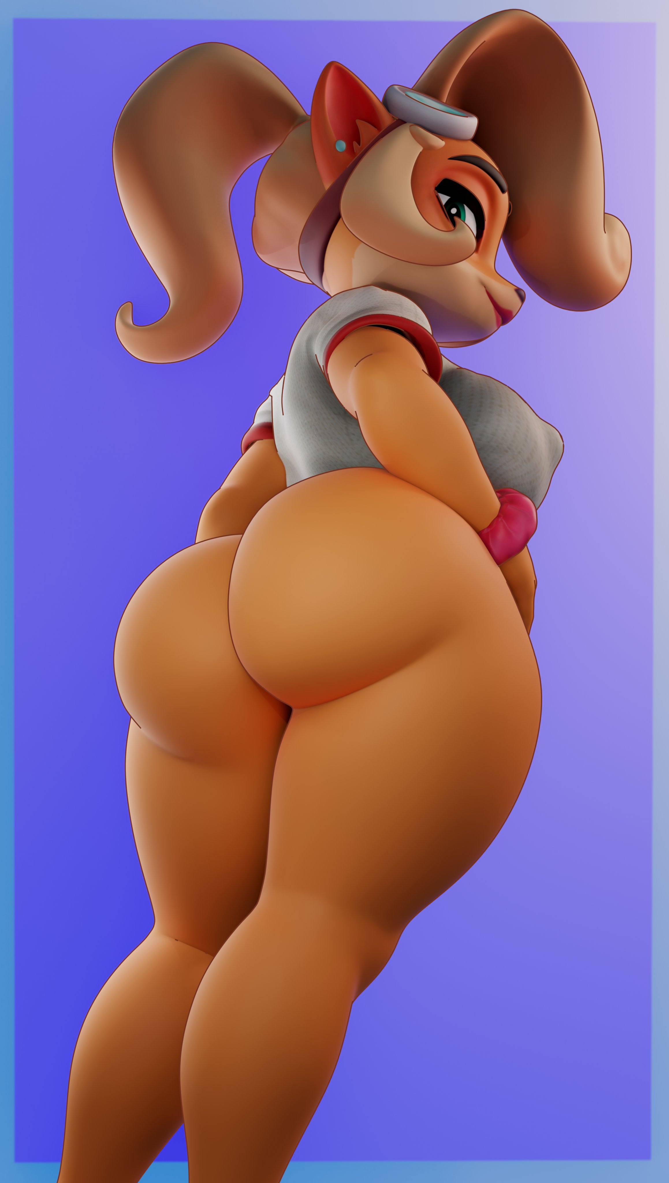 2025, 3d (artwork), absurd res, accessory, activision, anthro, ass, bandicoot, big ass, big breasts, big butt, blonde hair, border, bottomless, bottomless anthro, bottomless female, breasts, bubble ass, bubble butt, clothed, clothing, coco bandicoot, countershade face, countershading, crash (series), digital media (artwork), eyewear, eyewear on head, female, goggles, goggles on head, hair, hair accessory, hi res, looking at viewer, mammal, marsupial, multicolored face, nipple outline, no underwear, orange body, orange skin, partially clothed, ponytail, portrait, sala3dart (modeler), scrunchie, shirt, side boob, smile, smiling at viewer, solo, standing, tan body, tan countershading, tan skin, thick thighs, three-quarter portrait, tied hair, topwear, two-tone face, vensaku, white clothing, white shirt, white topwear, wrist scrunchie