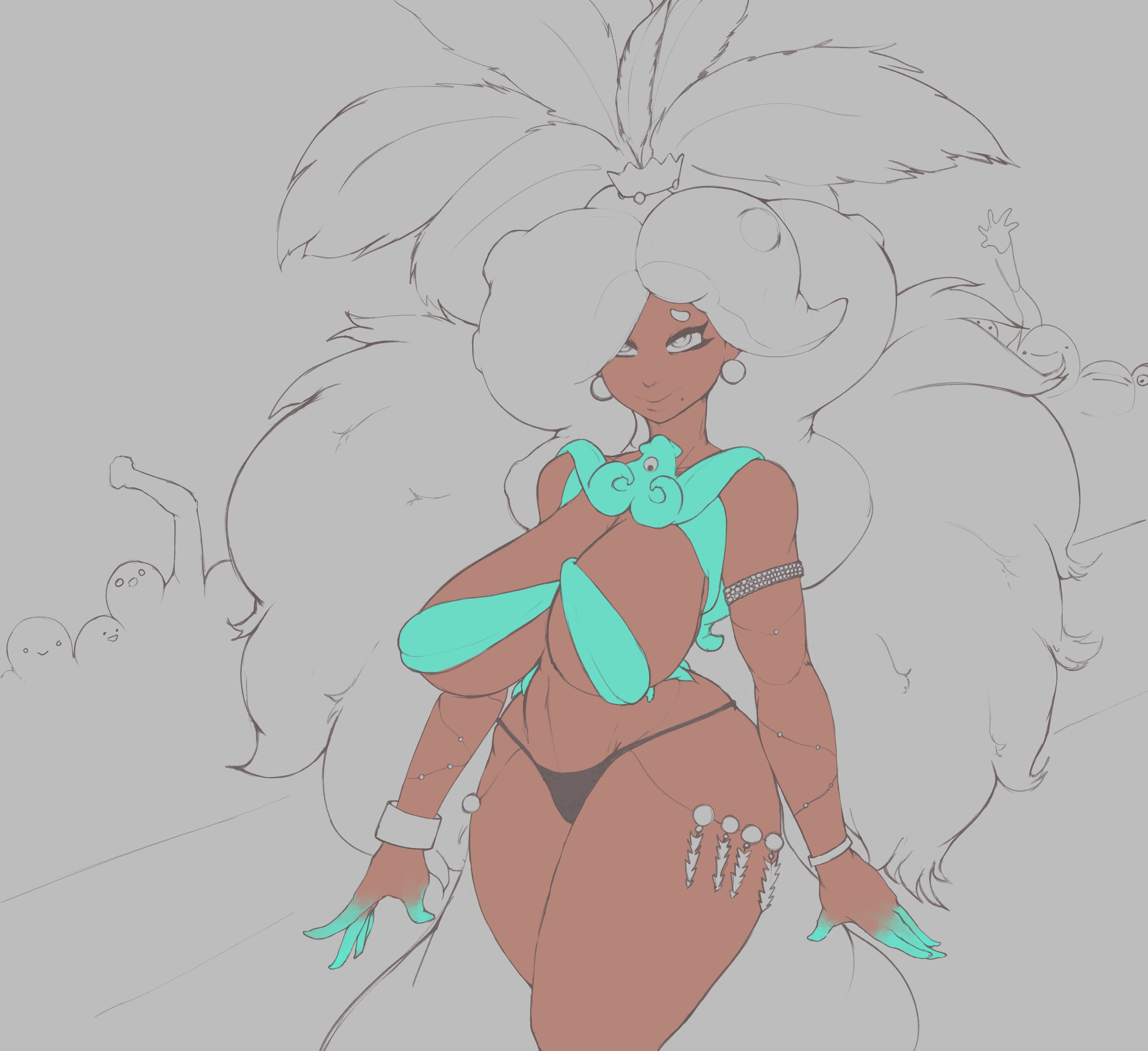 1girls, big breasts, breasts, carnival, costume, crowd, crown, dark skin, dark-skinned female, female, marina (splatoon), mature female, nintendo, octoling, sketch, skimpy, smile, smoxul, splatoon, splatoon 2, thick thighs, thong, wide hips