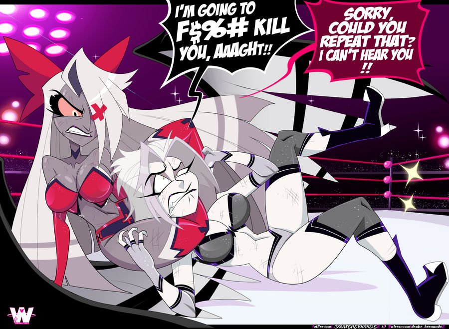 catfight, chokehold, choking, female, great dude, hazbin hotel, lute (hazbin hotel), thigh squish, vaggie (hazbin hotel), wrestleverse, wrestling, wrestling move, wrestling outfit, wrestling ring