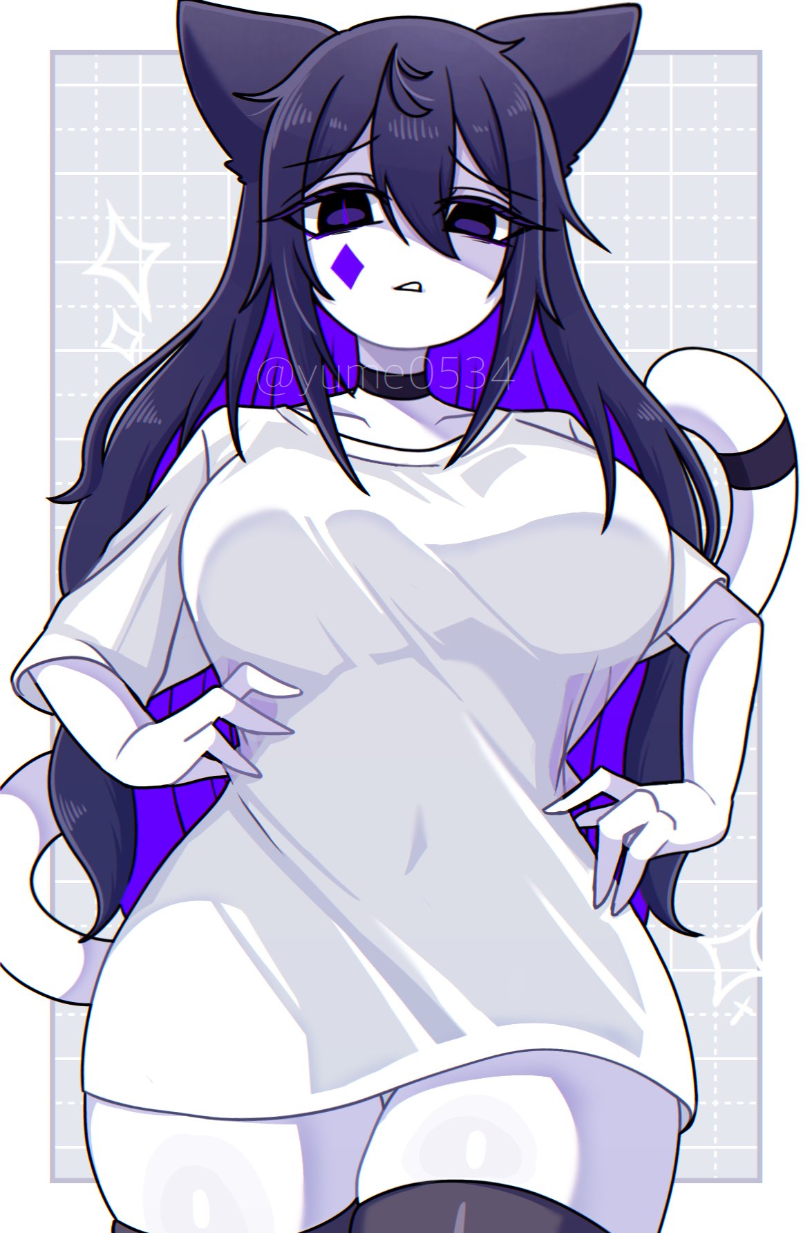 1girls, breasts, cat ears, cat girl, cat tail, catgirl, feline humanoid, female, female only, humanoid, large breasts, looking at viewer, shirt, solo, solo female, solo focus, thick thighs, thighhighs, thighs, white body, yume0534