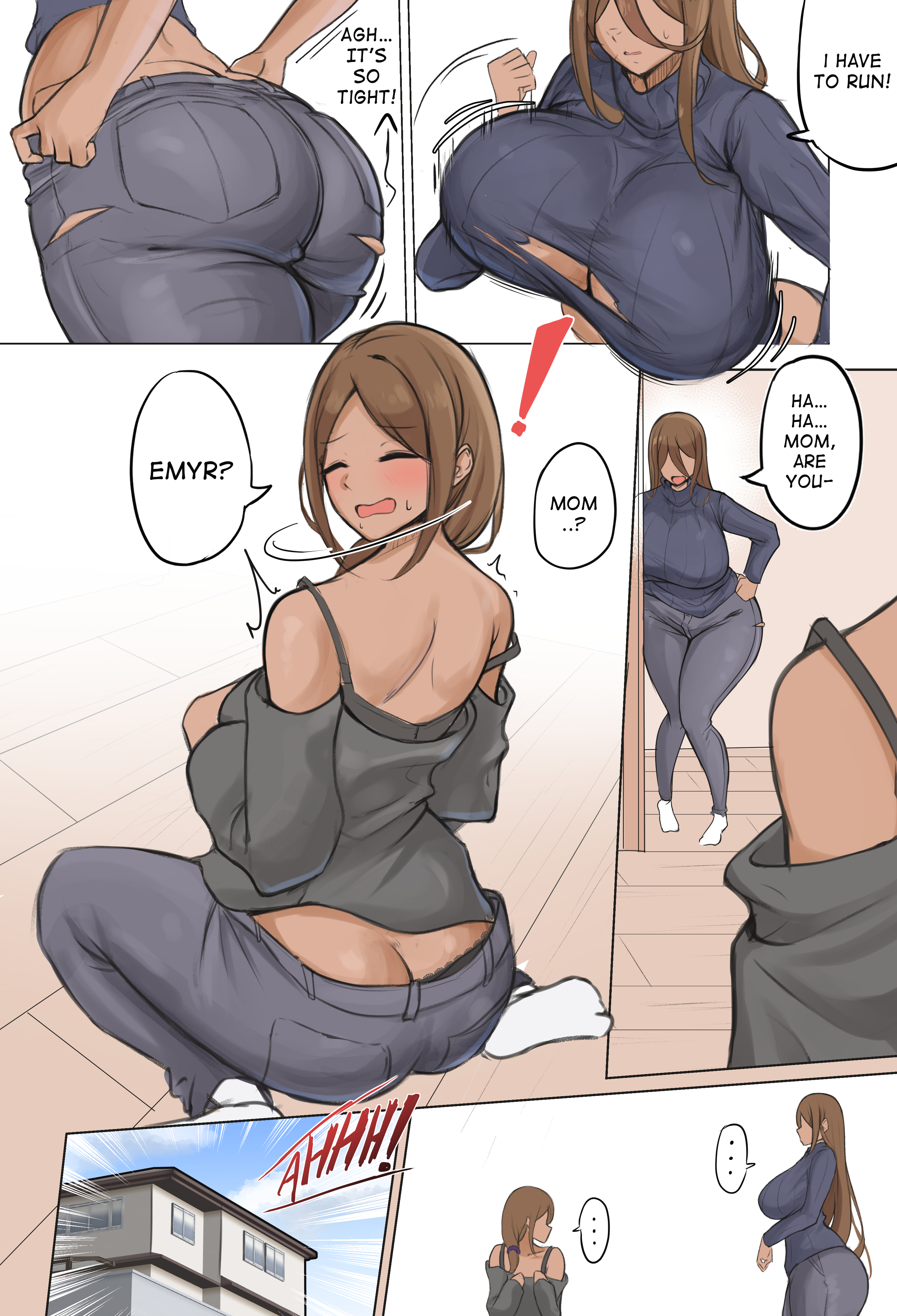 2girls, ass, ass cleavage, ass crack, bare shoulders, black panties, bouncing breasts, breasts, butt crack, closed eyes, comic, dark skin, dark-skinned female, duo, english text, female, large breasts, long hair, milf, minori (user eket5233), mother and daughter, mtf transformation, original, panties, panty peek, running, transformation