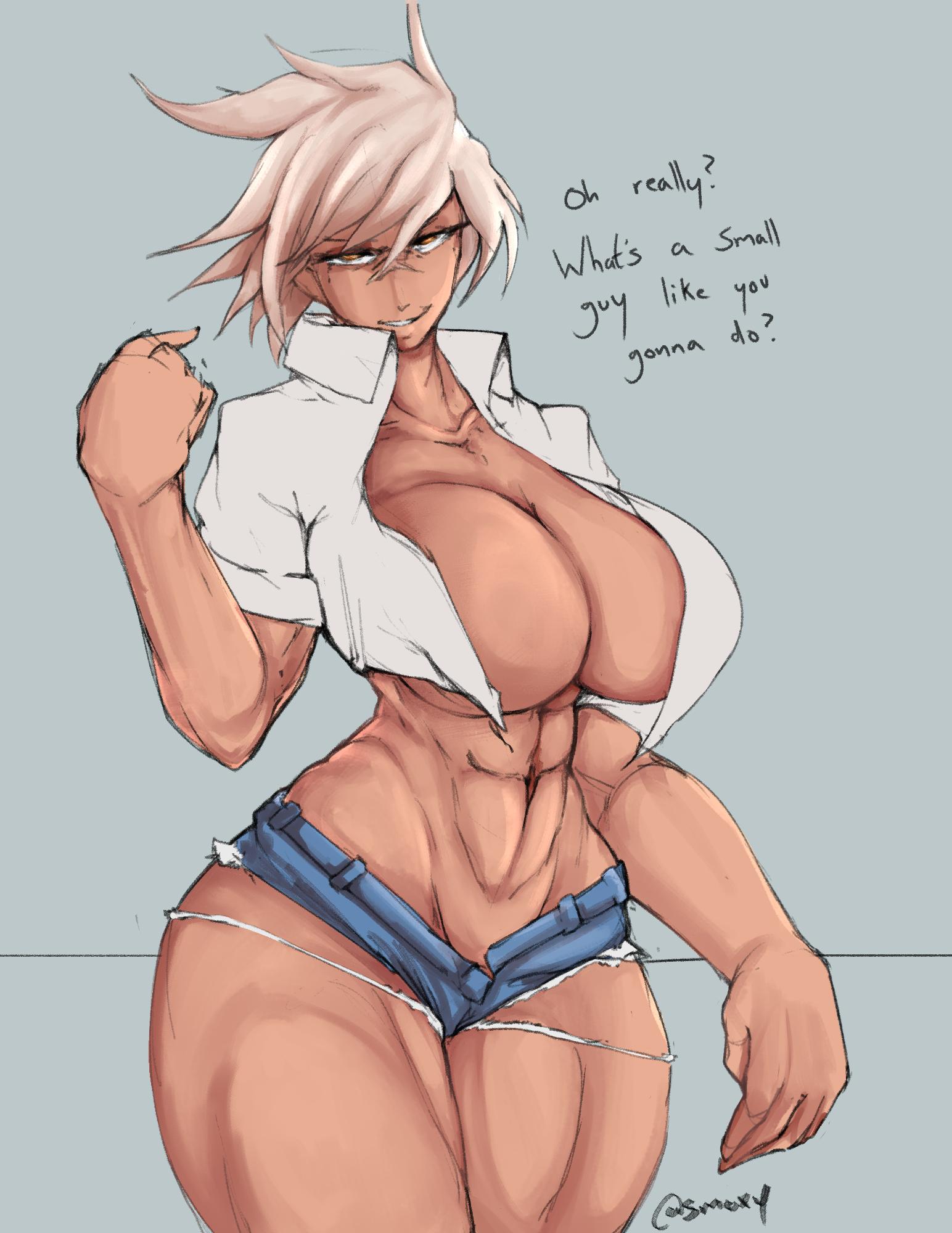 1girls, abs, big breasts, blazblue, blonde hair, breasts, brown eyes, bullet (blazblue), clothing, cocky smile, dark skin, dark-skinned female, dialogue, female, female abs, hotpants, looking at viewer, mature female, muscular, muscular female, shirt, skimpy, smoxul, solo, taunting, text, thick thighs, wide hips