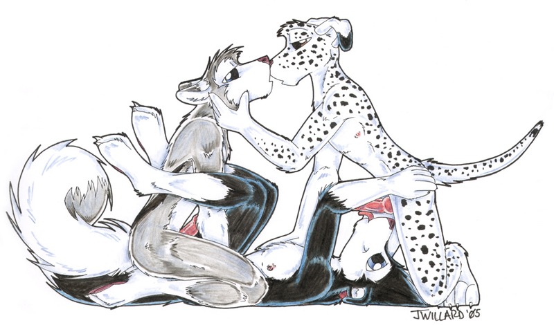 2005 anthro armpits canine dalmatian erection fur group group_sex husky jessica_willard kissing knot male mammal nipples nude oral penis sex simple_background threesome tongue traditional_media_(artwork) white_background yaoi