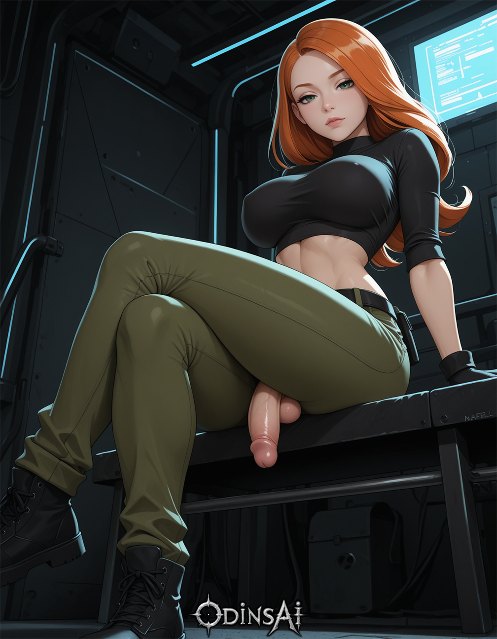 1futa, abs, ai generated, balls, big balls, big breasts, breasts, curvy, dickgirl, female, futa only, futa sans pussy, futanari, intersex, kim possible, kimberly ann possible, looking at viewer, nipples, nude, odinsai, penis, perfect body, ready to fuck, small waist, smile, solo, tan skin, testicles