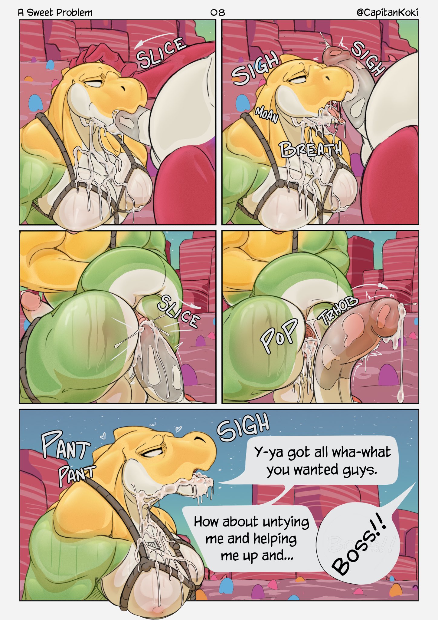 anal, anal juice, anus, arms behind back, ass, big ass, big pecs, big penis, capitankoki, cum, cum drip, cum in ass, cum in mouth, cum inside, dialogue, english dialogue, english text, furry, gape, gaping, gaping anus, gay, group, gummigoo (the amazing digital circus), half-closed eyes, hand on head, hands tied, large ass, large pectorals, male, male only, male/male, muscular, muscular male, oral, page 8, pecs, penetration, penis, questionable consent, saliva, tail, text, the amazing digital circus