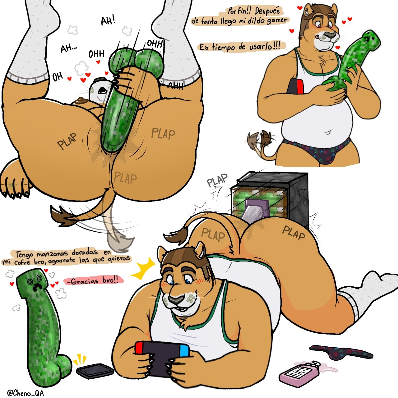 2d, 2d (artwork), anthro, anus, anus focus, bulge, cheno, chubby, chubby male, creeper, creeper (minecraft), dildo, dildo in ass, dildo insertion, end rod, furry, furry male, furry only, gay, heart, hearts around head, lion, living sex toy, lube, lube bottle, lube drip, male, minecraft, minecraft mob, minecraft sheep fucker machine, moaning, moaning in pleasure, nintendo switch, nipples, object insertion, on back, overweight, overweight male, phone, piston (minecraft), plap, shirt only, solo, solo male, spanish dialogue, spanish text, tail, tail wagging, underwear, underwear aside, white background