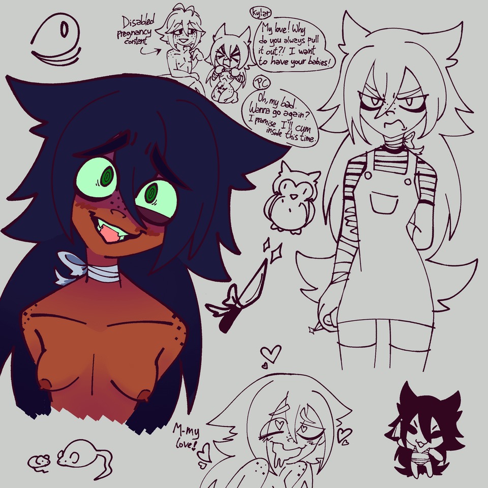1boy, 1girls, black hair, crazy eyes, dark skin, dark-skinned female, degrees of lewdity, dog girl, english text, eyebags, fem kylar (dol), female, freckles, freckles on face, freckles on hips, freckles on shoulders, green eyes, hairy pussy, hearts, knife, kylar (dol), male, messy hair, mouse, owl, owl plushie (dol), pussy, rat, sharp fangs, tagme