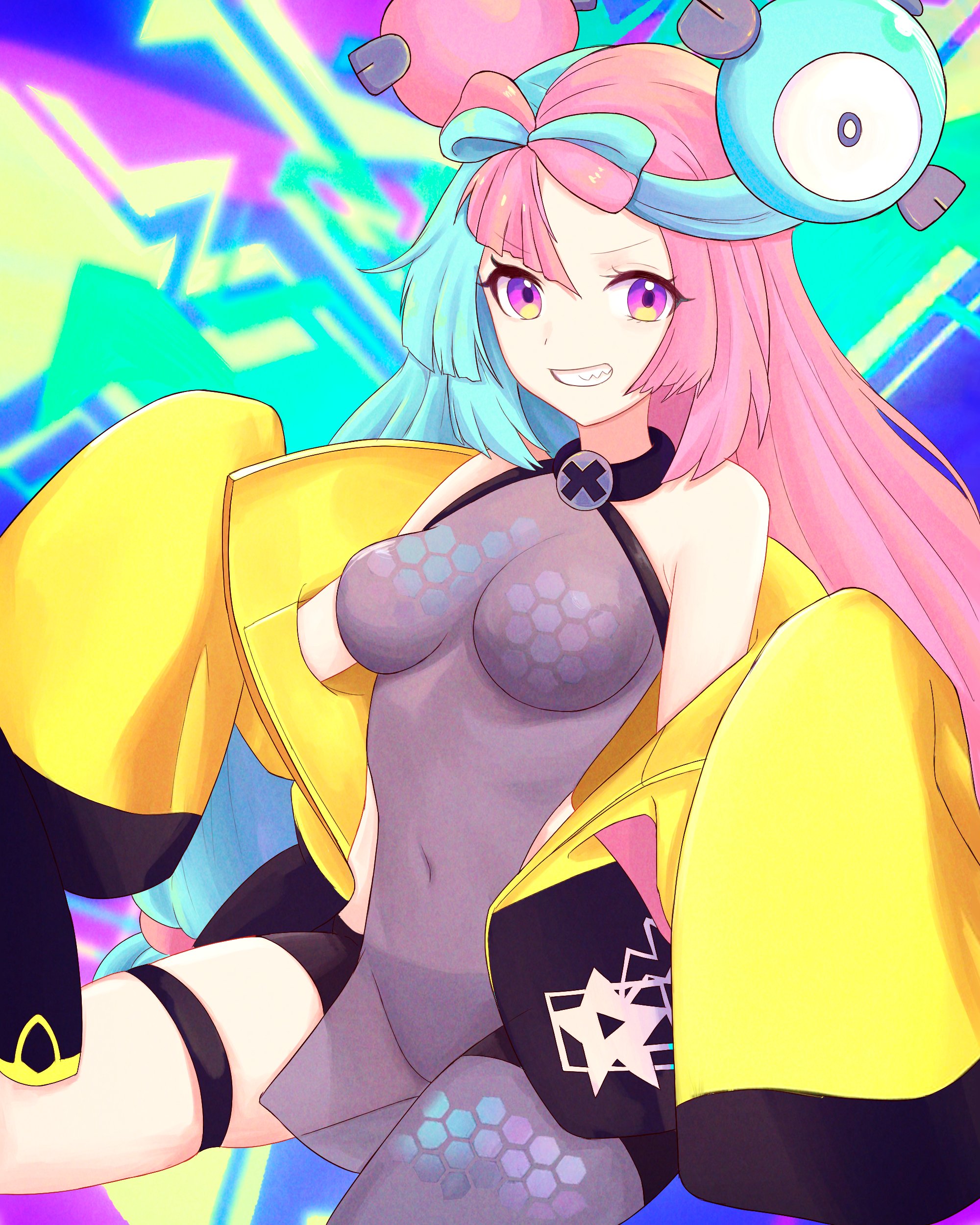 1girls, breasts, dress, female, game freak, halter dress, halterneck, iono (pokemon), leg band, light blue hair, long hair, nintendo, open jacket, pink eyes, pink hair, pokemon, pokemon sv, see-through clothing, see-through dress, single thighhigh, thighhighs, tomboyish, truejekart