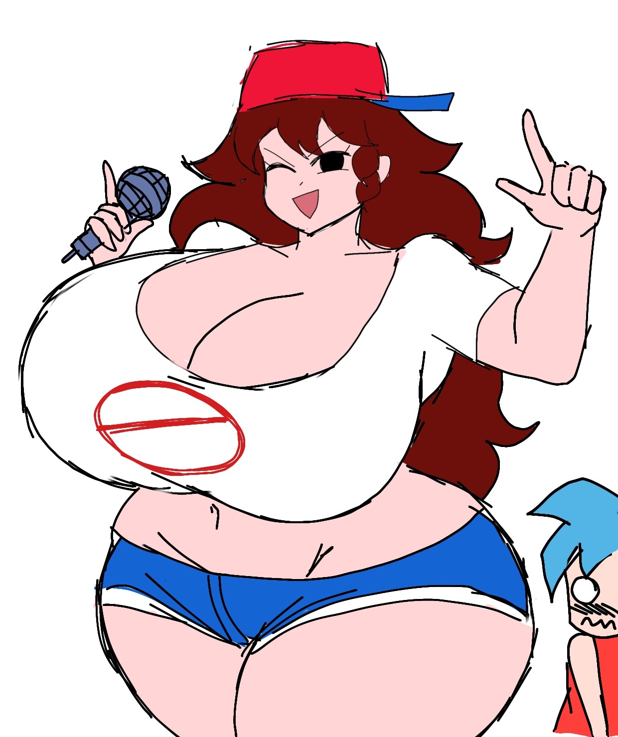 1boy, 1girls, auburn hair, big breasts, big thighs, black eyes, blue hair, blue shorts, boobs, boyfriend (cosplay), boyfriend (friday night funkin), breasts, cap, embarrassed, embarrassed expression, embarrassed male, female, friday night funkin, girlfriend (cosplay), girlfriend (friday night funkin), huge breasts, jpg, light pink skin, light skin, light-skinned female, long hair, male, male/female, microphone, momiji (artist), no pupils, red cap, red hair, shorts, simple background, tagme, thick legs, thick thighs, thighhighs, thighs, tits, twitter link, voluptuous, voluptuous female, white background, white eyes, white shirt