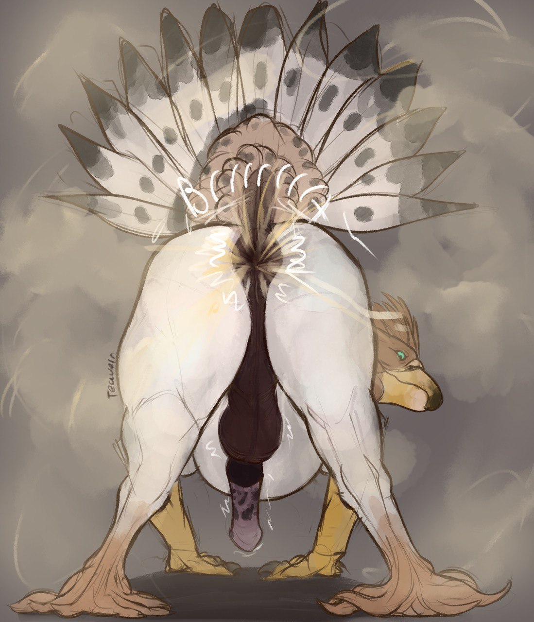 anus ass avian balls beak big_anus brown_anus brown_balls brown_body brown_fart_cloud brown_fur erection european_mythology fart fart_cloud fart_fetish faux_gaping feral fur furry genitals greek_mythology green_eyes hi_res hippogriff male mythological_avian mythological_creature mythology onomatopoeia penis perineum presenting presenting_anus puffy_anus raised_tail solo sound_effects tail teavern text white_body white_fur