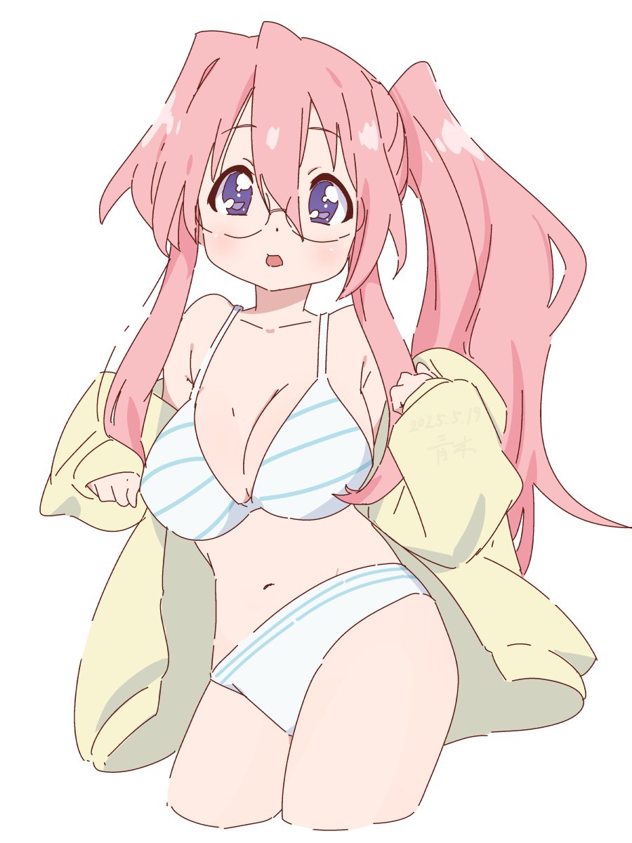 1girls bikini blue_eyes bluearcadegames female glasses lucky_star miyuki_takara open_mouth pink_hair ponytail simple_background tagme very_long_hair
