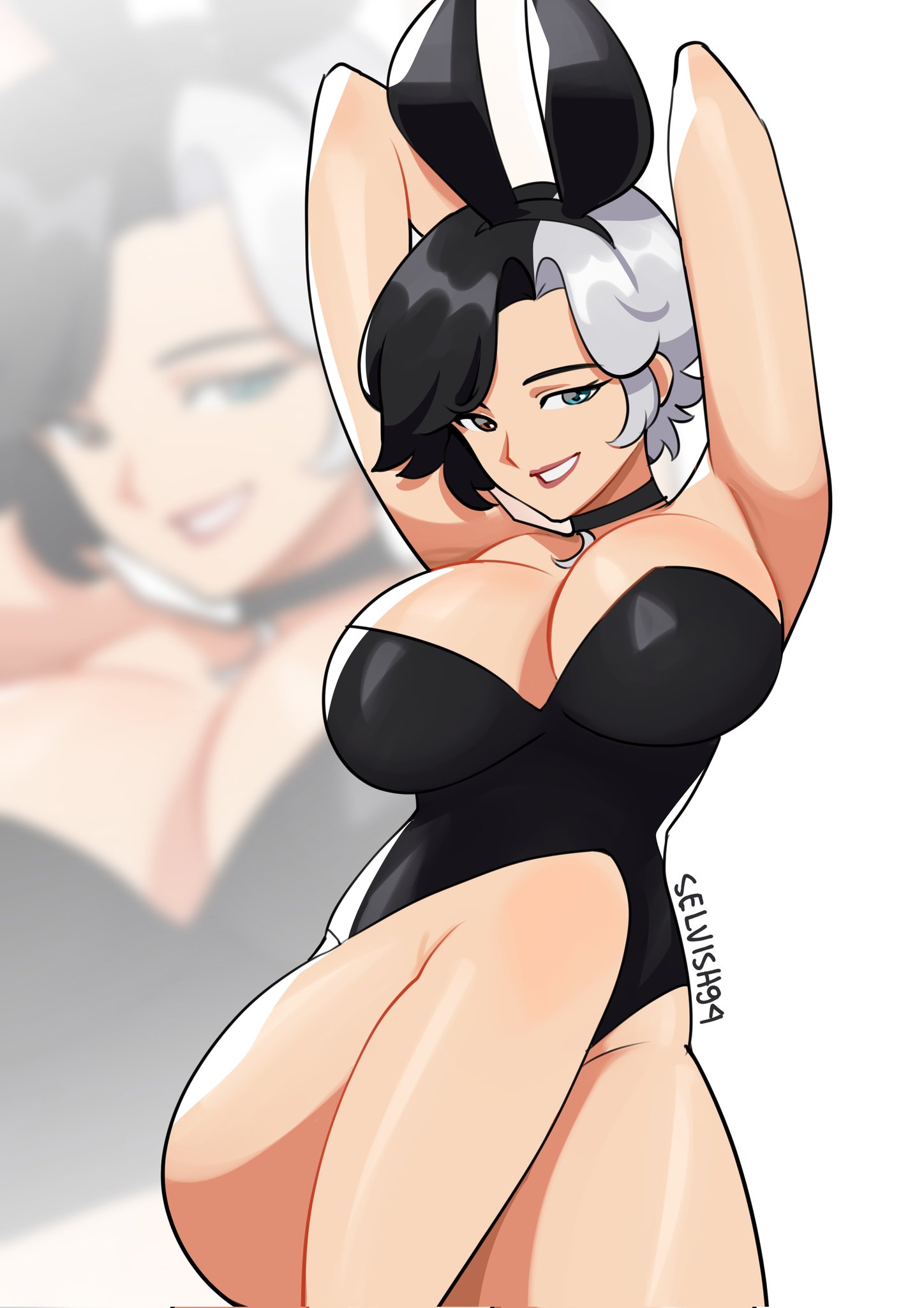 1girls, big breasts, black bunnysuit, breasts, bunny ears, bunny suit, cleavage, exposed breasts, hands behind back, large thighs, legs, luna snow, luna snow (marvel rivals), marvel, marvel rivals, multicolored eyes, multicolored hair, necklace, selvish94, thick thighs, thighs