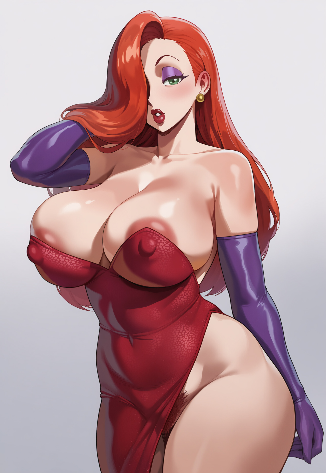 ai generated, areola slip, big breasts, cocktail dress, covered nipples, dress, excessive pubic hair, eyeshadow, gloves, green eyes, hair over one eye, jagat ai, jessica rabbit, large breasts, long hair, makeup, one eye covered, plain background, pubic hair, pubic hair peek, red dress, red hair, solo, solo female, who framed roger rabbit