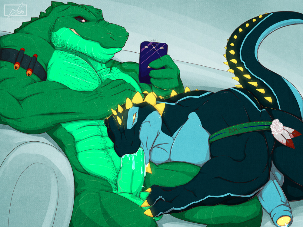 2016 3_fingers 5_fingers abs balls biceps big_tail black_eyes blue_balls blue_penis blue_scales cellphone claws colored crocodile crocodilian danandnite detailed_background dinosaur duo erection feathers fellatio green_balls green_penis green_scales grey_background grin hair hekar holding_object holding_phone horn humanoid_hands humanoid_penis kneeling light long_tail male manly mostly_nude multicolored_penis multicolored_scales muscular muscular_male navel no_sclera oral paul_webster pecs penis phone photographer quads reptile saliva scales scalie sex shaded sharp_teeth side_view signature simple_background sitting smile snout sofa spiked_tail teeth theropod toony triceps two_tone_penis two_tone_scales uncut white_pupils yaoi yellow_claws yellow_eyes yellow_horn yellow_penis yellow_sclera