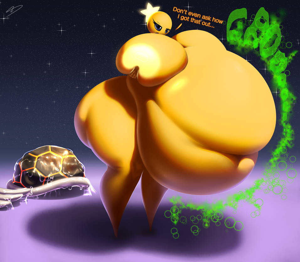 areolae, ass, big ass, big breasts, bone, breasts, digestion noises, fat ass, female, female pred, holding own breasts, hyper, hyper belly, hyper breasts, hyper butt, implied digestion, implied vore, mario and luigi (series), mass vore, post vore, pudge, starlow, starlow with a body, starstrikex, thick thighs, vore, vore belly