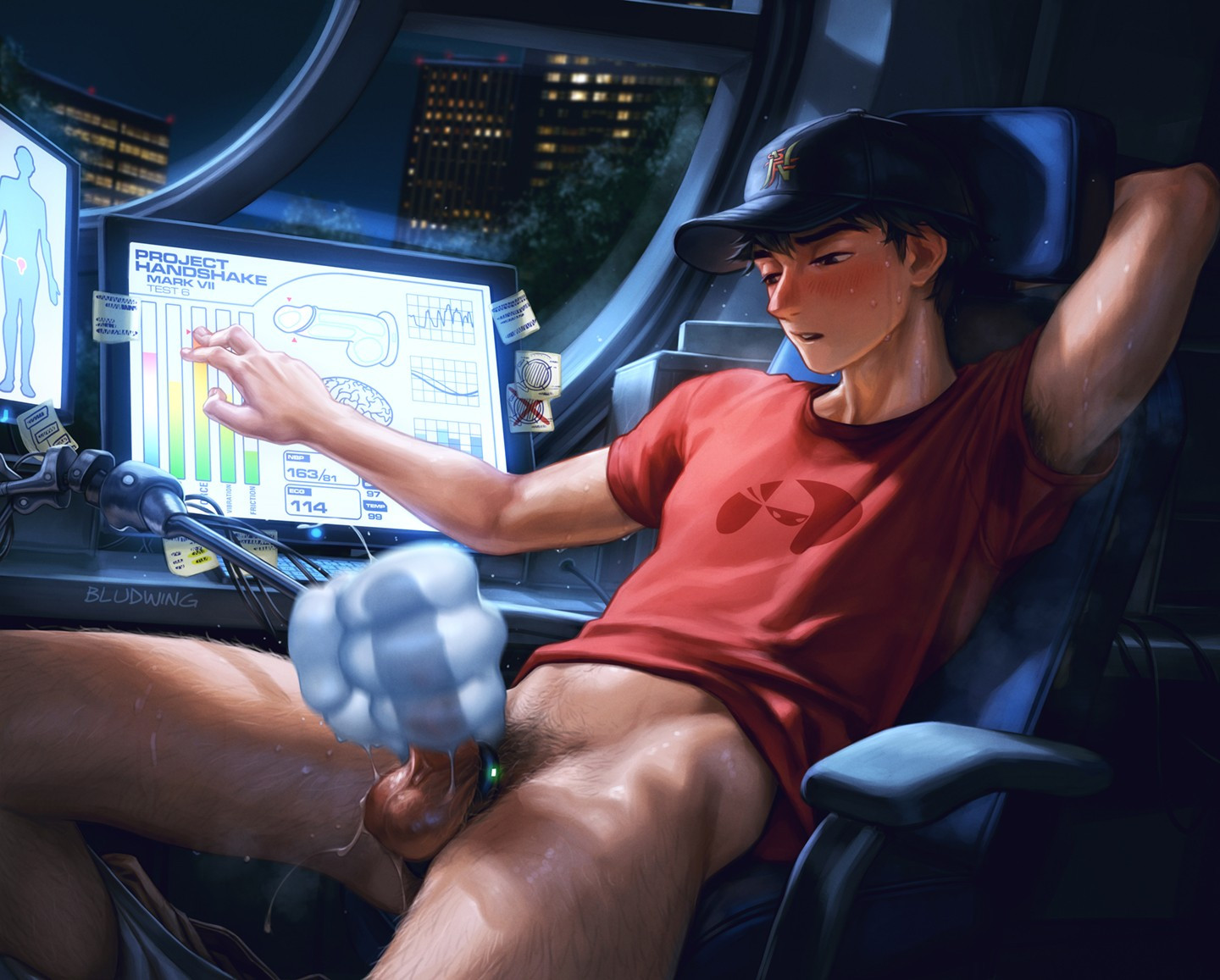 1boys, armpit hair, balls, big hero 6, bludwing, blush, cock ring, colored, cum, gay, gay male, leg hair, machine, male only, marvel, masturbation, pants down, pubic hair, sweating, tadashi hamada, yaoi