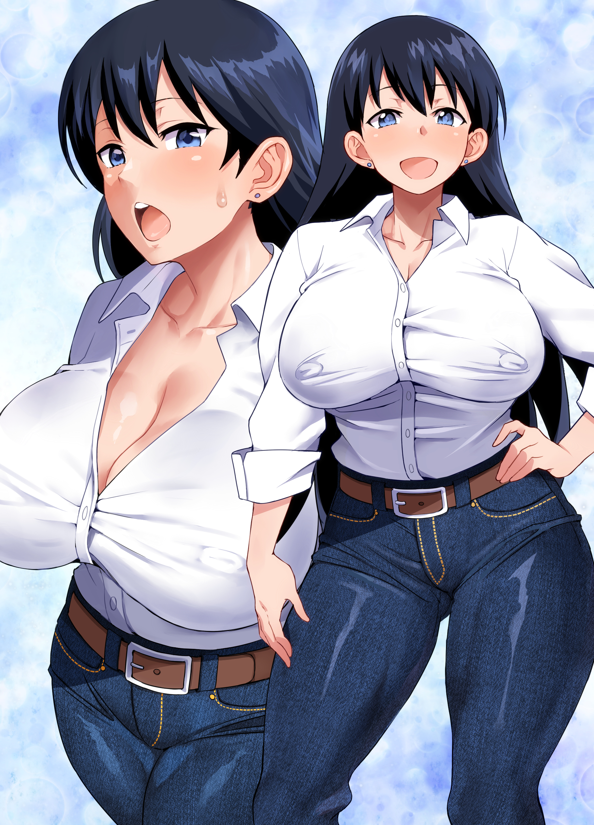 1girls, arato nagi, belt, big breasts, black hair, blue eyes, blue pants, bottomwear, breast focus, breasts, bursting breasts, buttons, cleavage, close-up, clothing, ear piercing, earrings, erect nipples, erect nipples under clothes, female, female only, haikawa hemlen, hair, hand on hip, huge breasts, large breasts, legs, long hair, nipple bulge, pants, ruri no houseki, shirt, solo, solo female, sweat, sweatdrop, thighs, white shirt