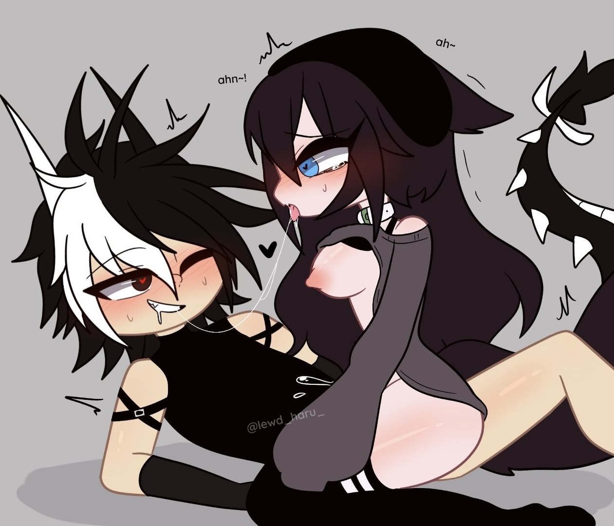 1boy, 1girls, areolae, black hair, blue eyes, blush, bra lift, breasts, breasts out, brown eyes, collar, cowgirl position, gacha, haru (lewd haru), heart-shaped pupils, horns, lewd haru (artist), male, nipples, one eye closed, saliva string, saliva trail, sex, smiling, straddling, striped thighhighs, sweater, sweater lift, tail, thighhighs, tongue, tongue out, vaginal fluids, vaginal penetration, vaginal sex