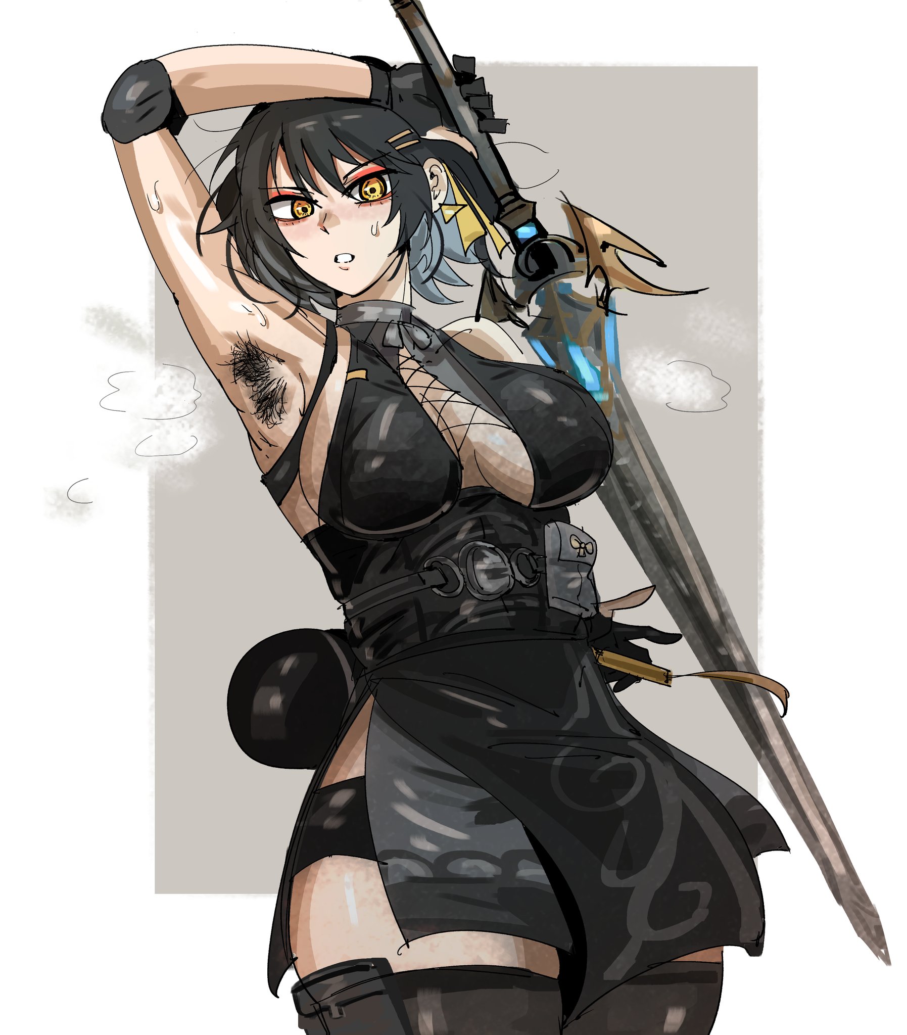 1girls, arczaeon, armpit hair, armpits, big breasts, breasts, cleavage, female, female only, female rover (wuthering waves), hairy armpits, human, large breasts, rover (wuthering waves), sleeveless, sleeveless dress, solo, standing, sweat, sword, voluptuous, wuthering waves