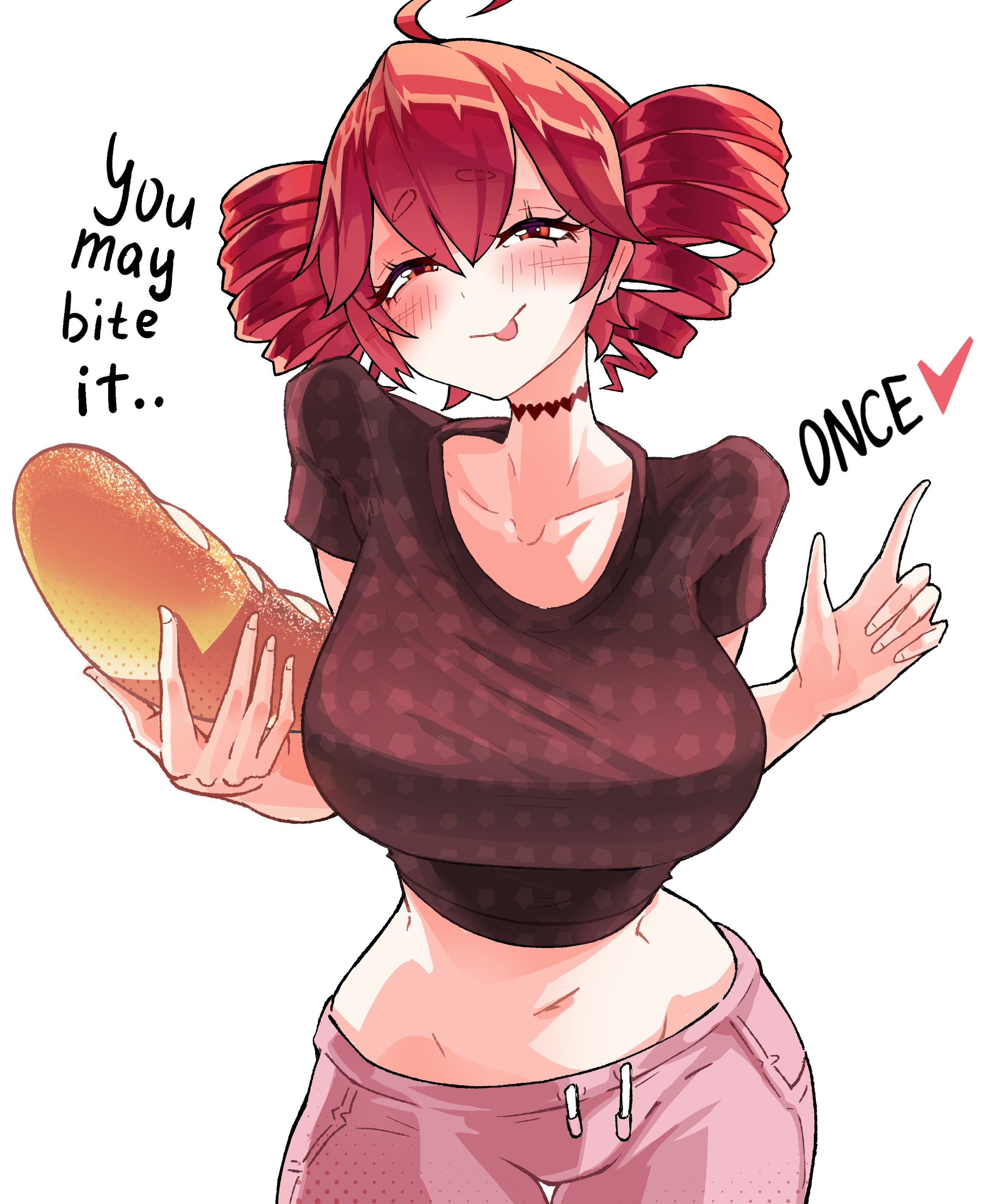 acidie, baguette, big breasts, blush, blushing at viewer, breasts, female, hips, horny, horny female, huge breasts, kasane teto, looking at viewer, red hair, solo, teasing, thick thighs, thighs, tits, tongue