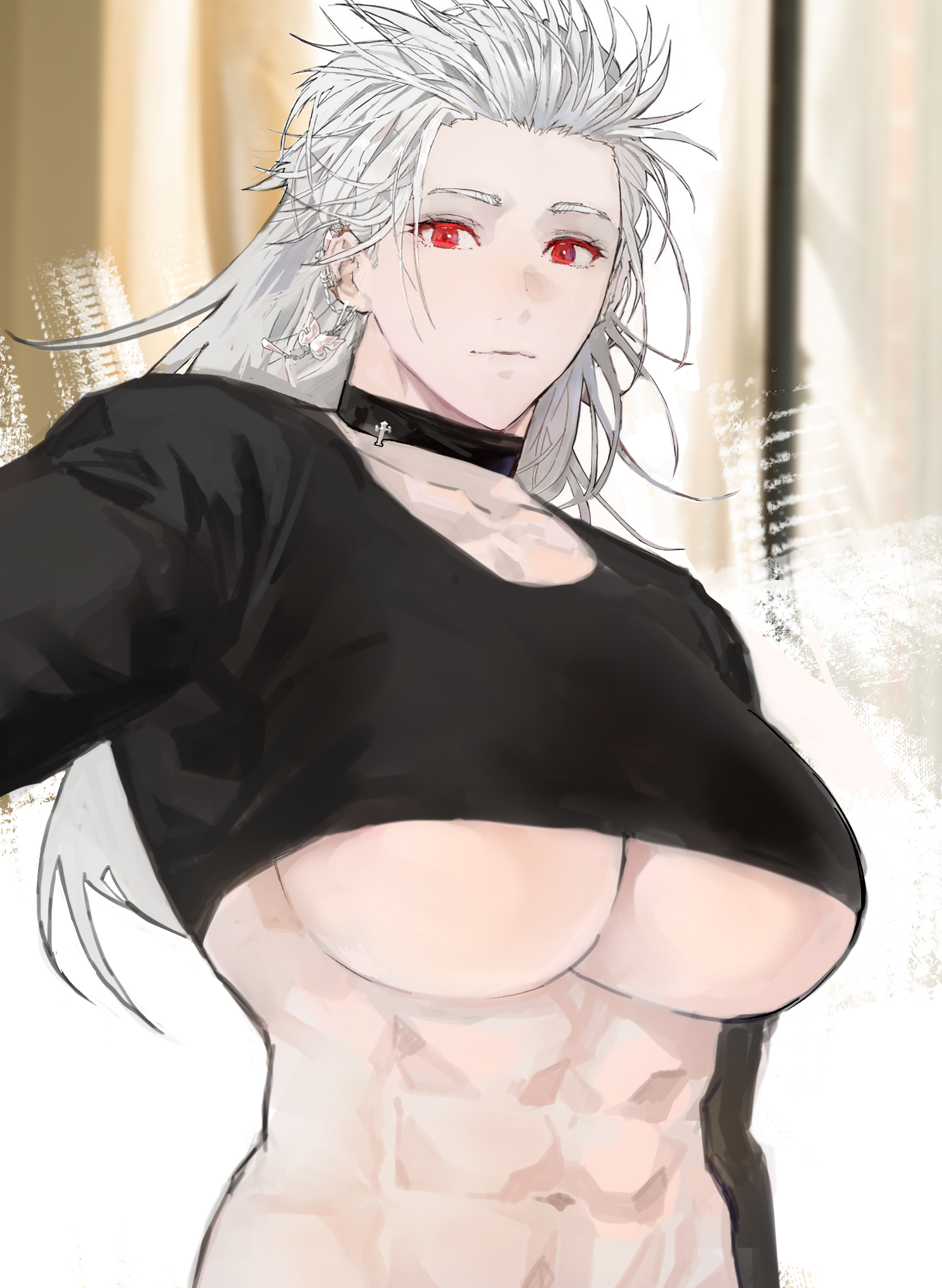 1girls, abs, breasts, choker, crop top, dorohedoro, ear piercing, earrings, female, hi res, large breasts, long hair, looking at viewer, navel, noi (dorohedoro), ongjolpark, red eyes, solo, underboob, white hair