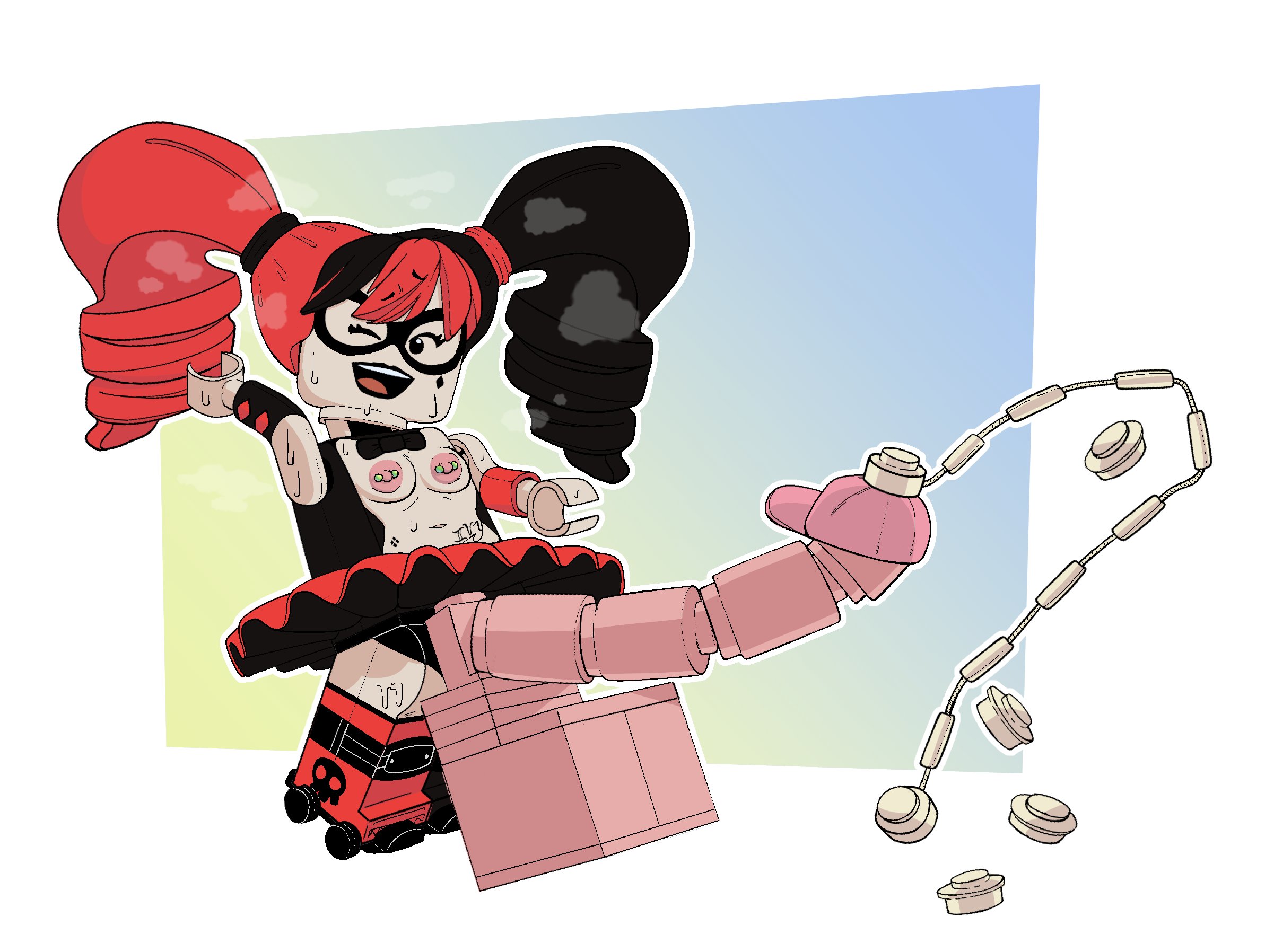 :3, 1futa, 2d, anthro, balls, batman (series), big balls, big penis, black clothing, black shirt, black topwear, bodily fluids, bottomwear, breasts, clothed, clothing, color, cum, cum on ground, cumshot, curvy, curvy body, curvy female, curvy figure, dc, dc comics, dialogue, ejaculation, english text, erect penis, erection, exhibitionism, exhibitionist, flirting, futa only, futanari, genital fluids, genitals, half naked, half nude, half-dressed, harley quinn, harley quinn (classic), harley quinn (lego), hat, headwear, huge balls, huge cock, humanoid genitalia, humanoid penis, humor, hyper, hyper balls, hyper genitalia, hyper penis, intersex, lego, lego anatomy, lego brick, lego minifigure, lego minifigures, lego odyssey, long penis, looking at viewer, multicolored body, nipple piercing, noseless, penis, penis bigger than body, penis bigger than torso, penis longer than knee, peppyrobo, pierced nipples, piercing, public nudity, simple background, solo, stud piercing, the lego batman movie, very long penis, villain, wink
