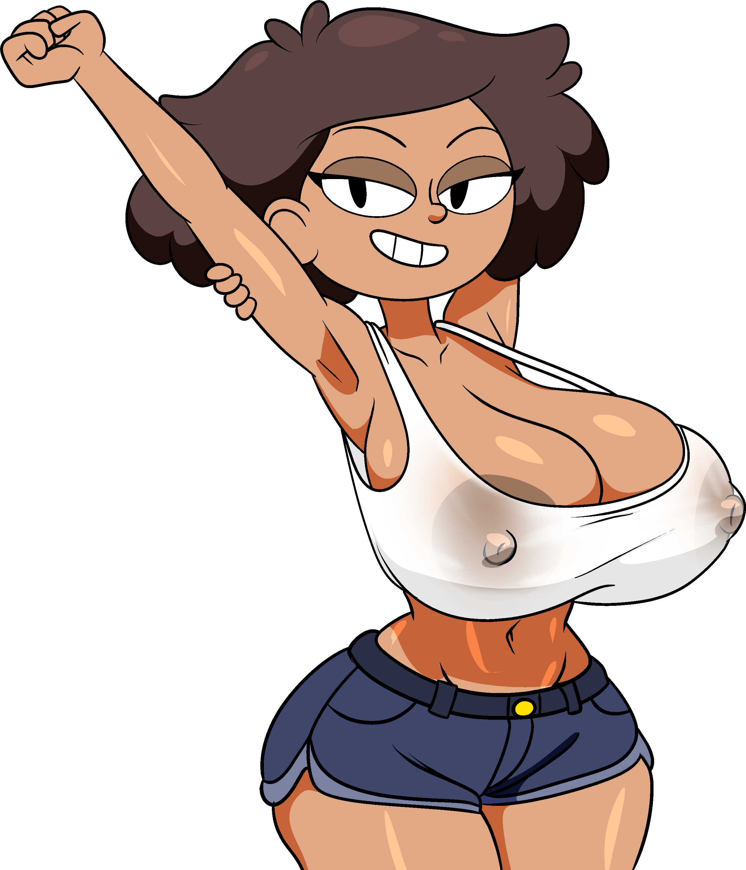 1girls, alternate version available, amphibia, areolae, areolae visible through clothing, arm behind head, arm up, big breasts, black eyes, blue shorts, bottomwear, breasts, brown hair, female, female only, hair, hips, huge breasts, large breasts, mature, mature female, mature woman, milf, mother, mrs. boonchuy, nipples visible through clothing, oum boonchuy, short shorts, shorts, smile, solo, solo female, tank top, topwear, wallyroo, wet tank top, white tank top