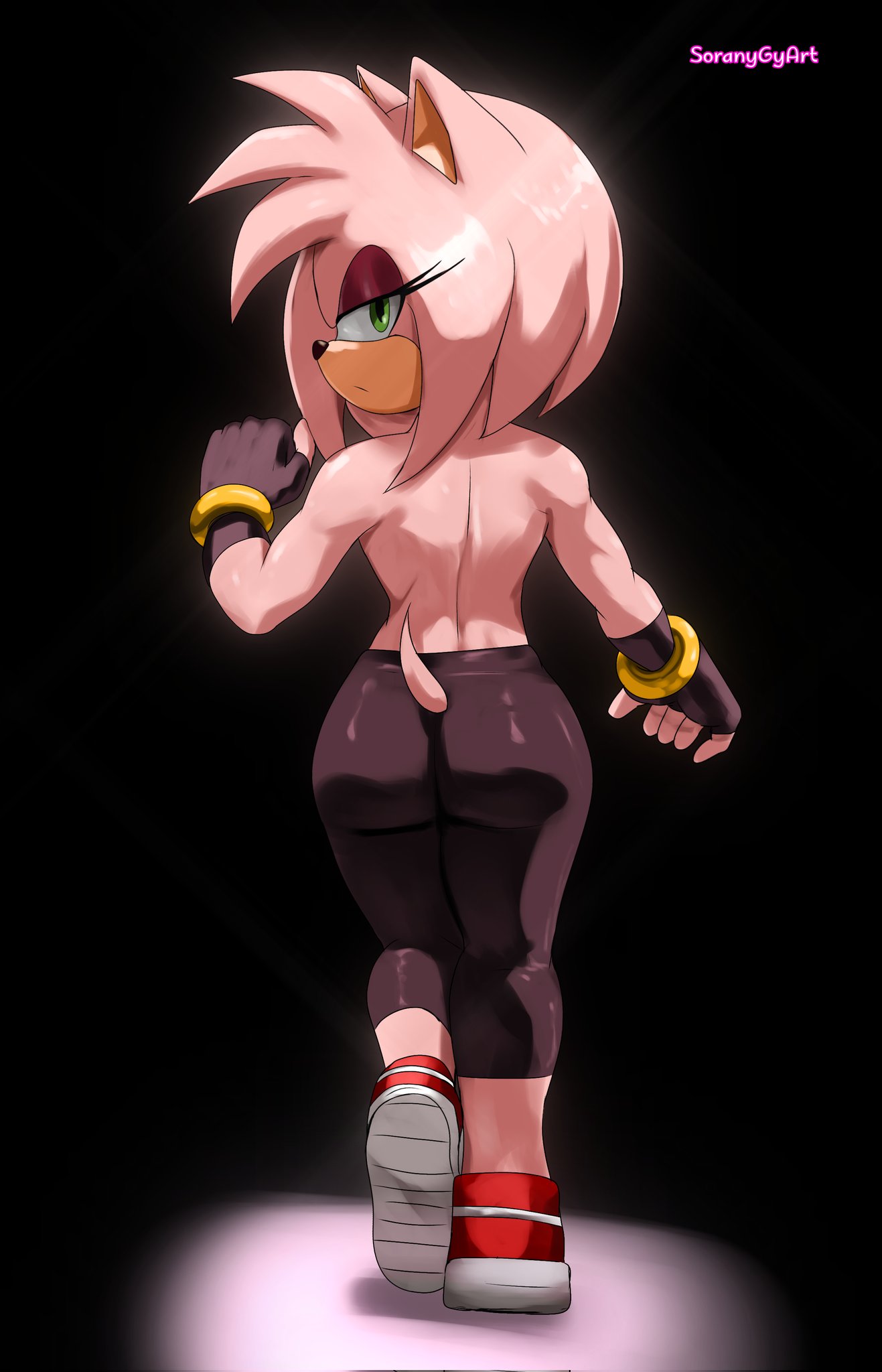 amy rose, female, gym, leggings, looking back, no bra, no shirt, sonic (series), soranygy