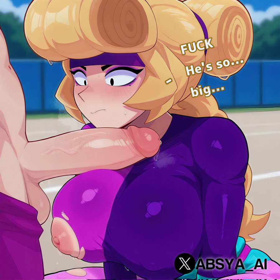1boy, 1boy1girl, 1girls, absya ai, ai generated, big breasts, big penis, black eyes, blonde hair, blush, brawl stars, breasts, charlie (brawl stars), embarrassed, female, fitness, gym uniform, looking at penis, male, nipples, nude male, penis, tagme, text, white skin, workout charlie (brawl stars)
