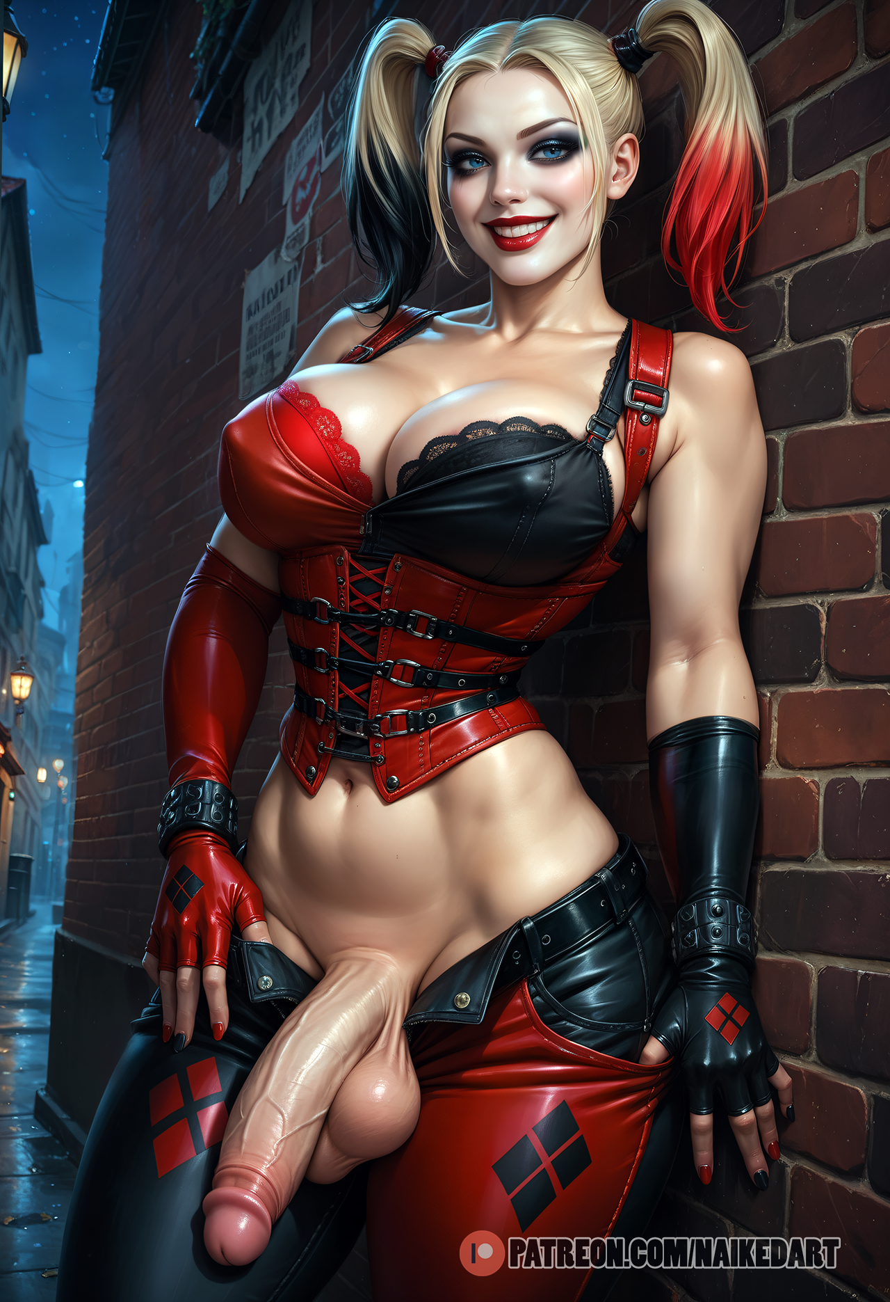 1futa, abs, ai generated, armpits, bolt on tits, breast implants, dc, dc comics, enhanced breasts, fake breasts, flaccid, flaccid penis, futa only, futa sans pussy, futanari, harley quinn, intersex, naikedart, pants pull, penis, ready to fuck, silicone, silicone implants, solo, stable diffusion, twintails