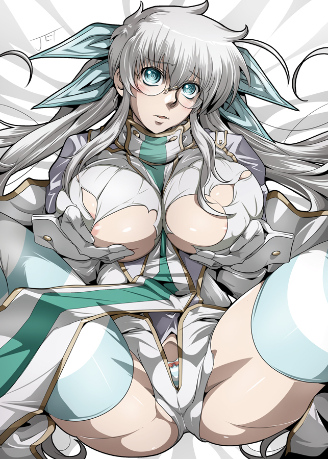 breasts drifters female glasses gloves huge_breasts olmine stockings torn_clothes twintails uniform