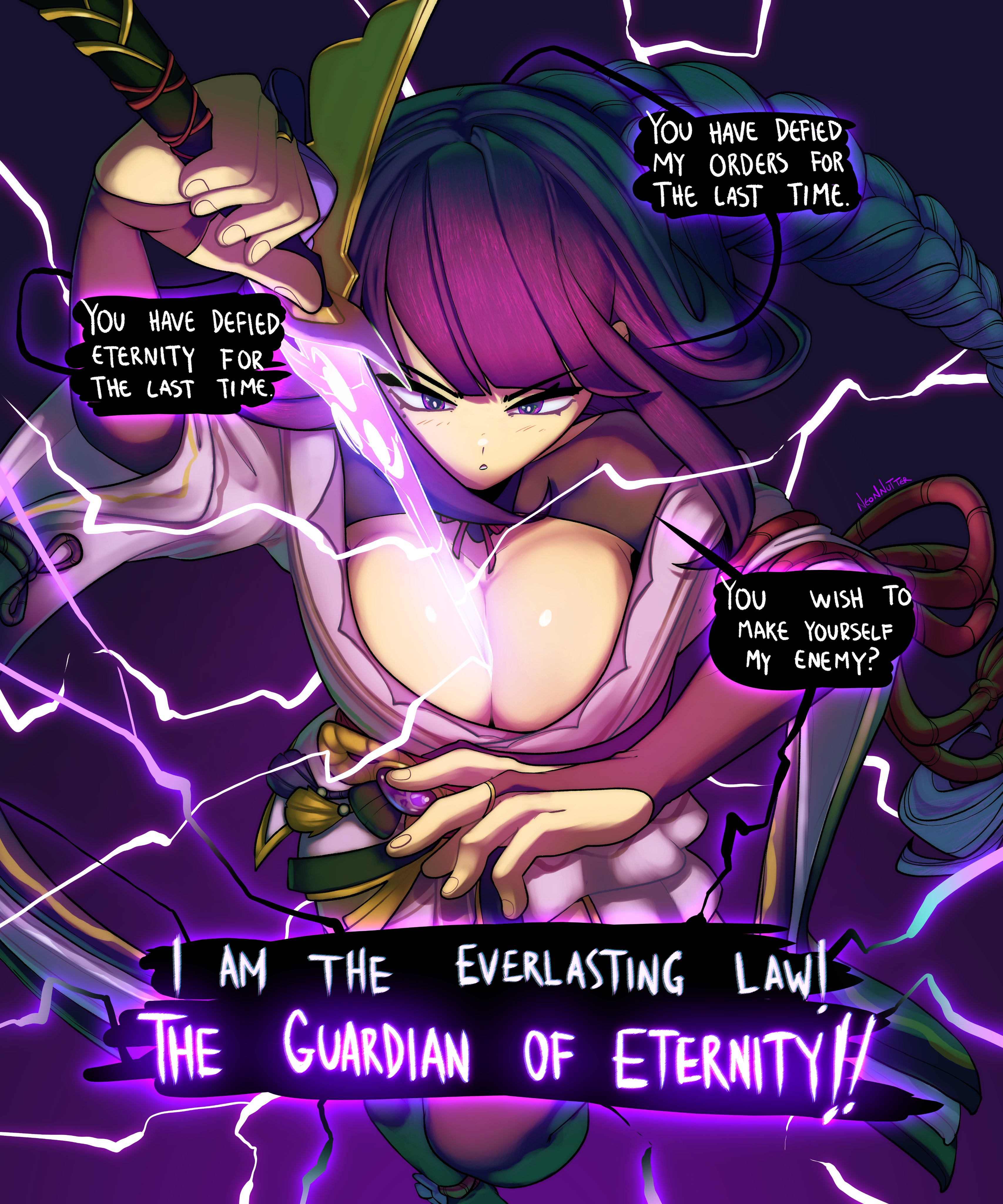 1girls, ass, big ass, big breasts, big thighs, breasts, comic, comic page, dialogue, female, genshin impact, huge ass, huge breasts, huge thighs, long hair, neonnutter, purple eyes, purple hair, raiden shogun, text, thick thighs, thighs